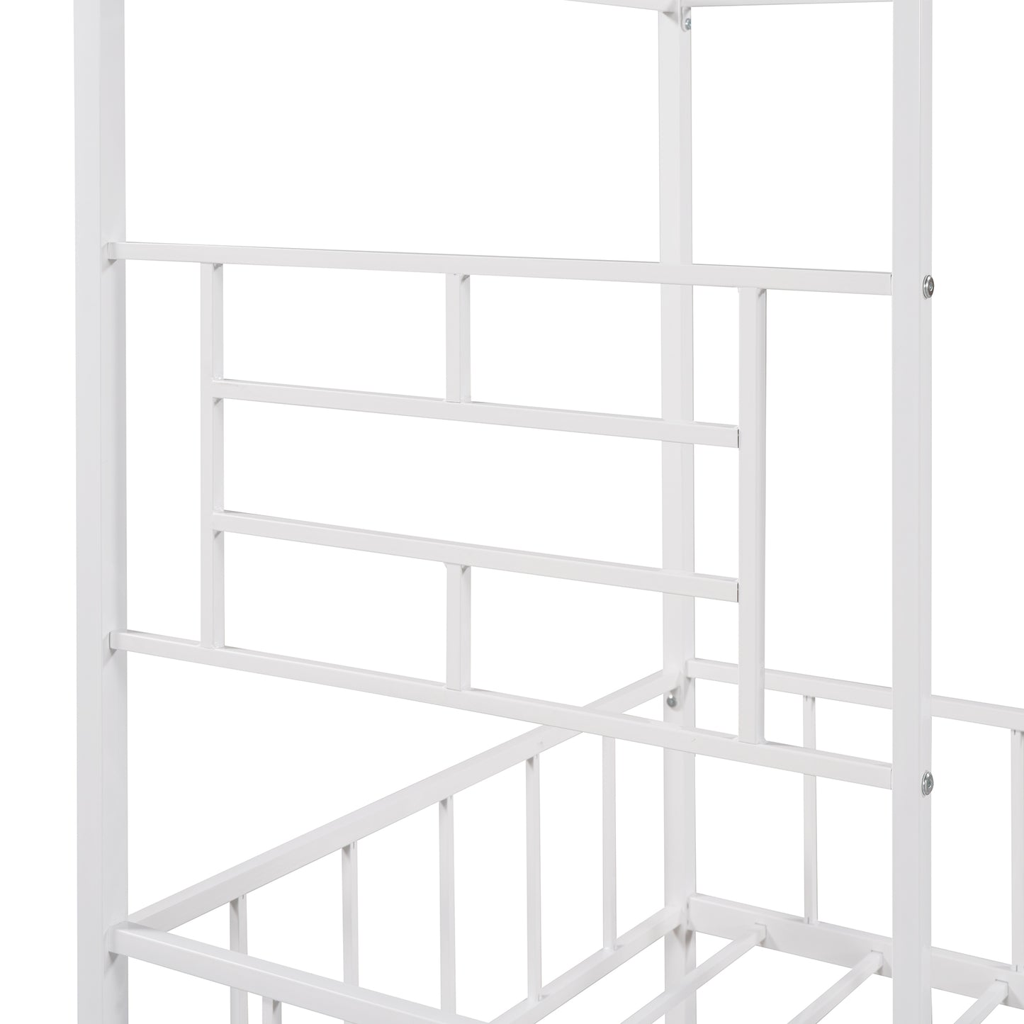 White metal bed frame with decorative headboard detailing
