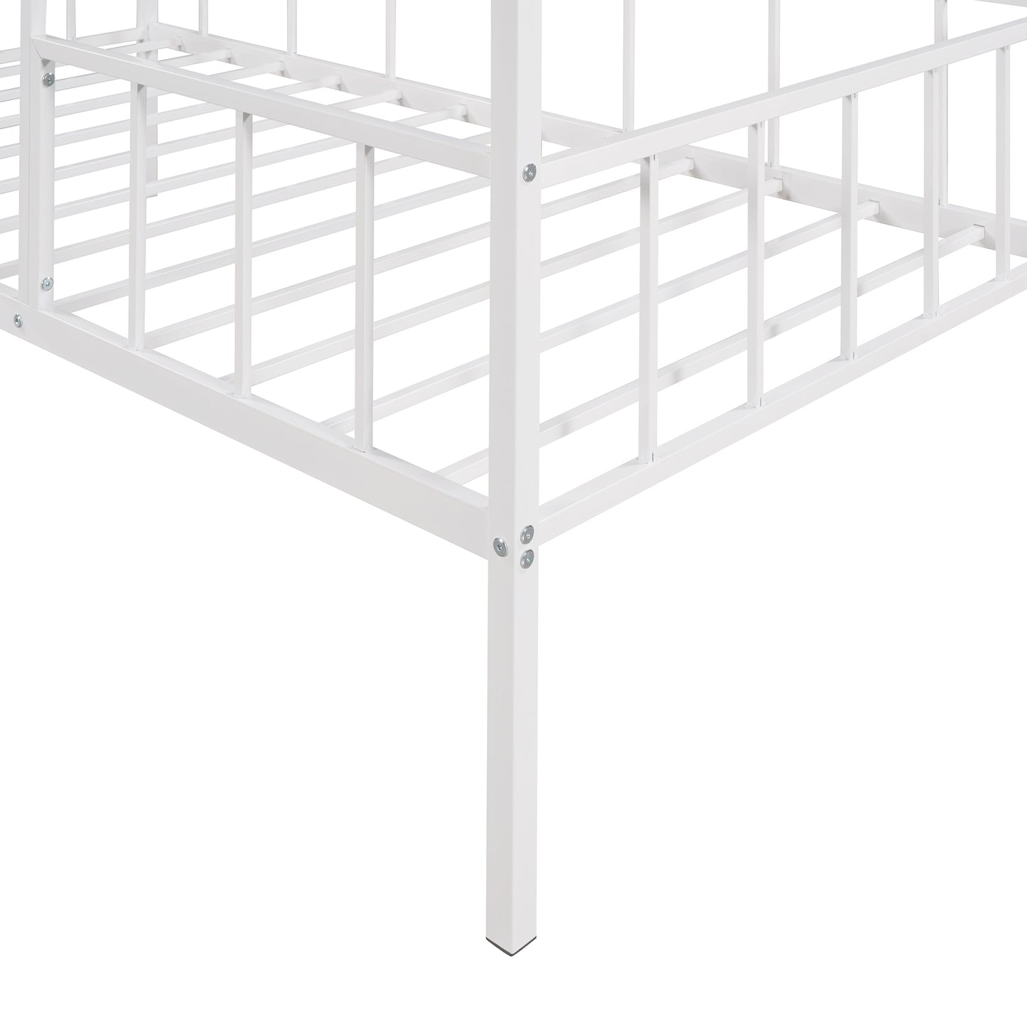White metal bed frame with robust slats and corner support details