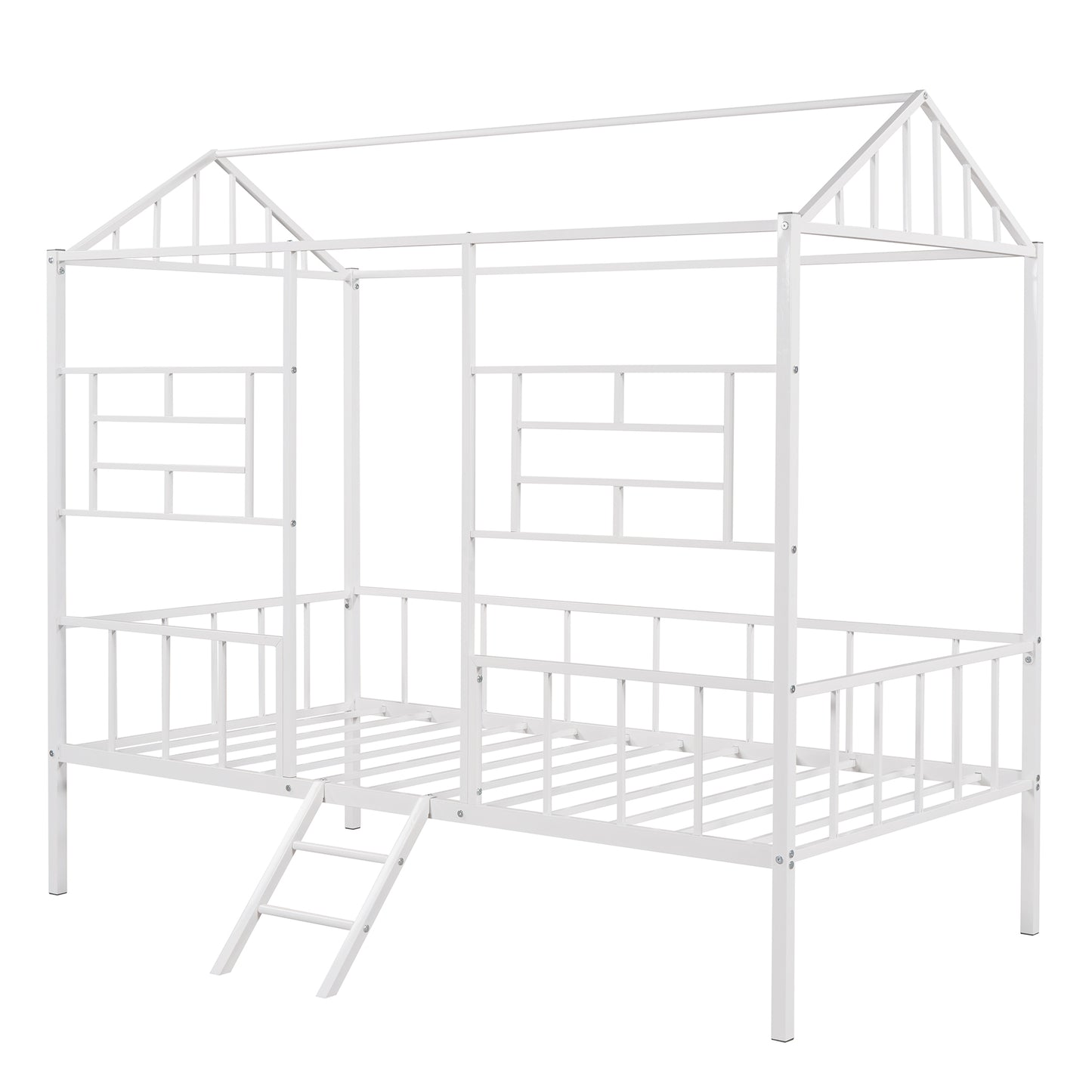 White metal house bed frame with ladder