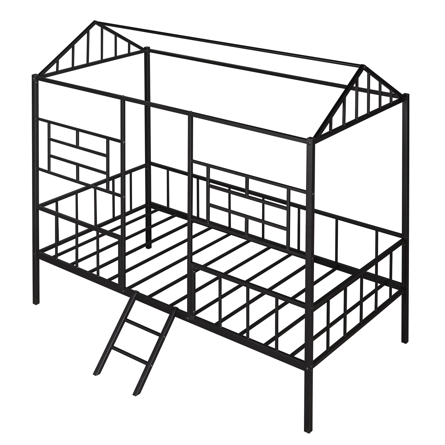 Black metal twin size house bed frame with ladder