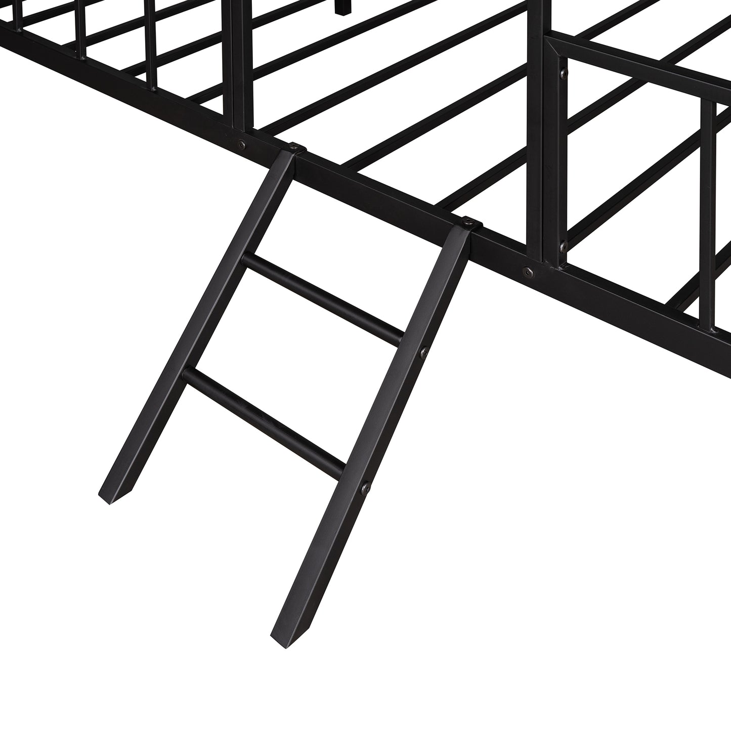 Black metal bunk bed frame ladder angled to the left