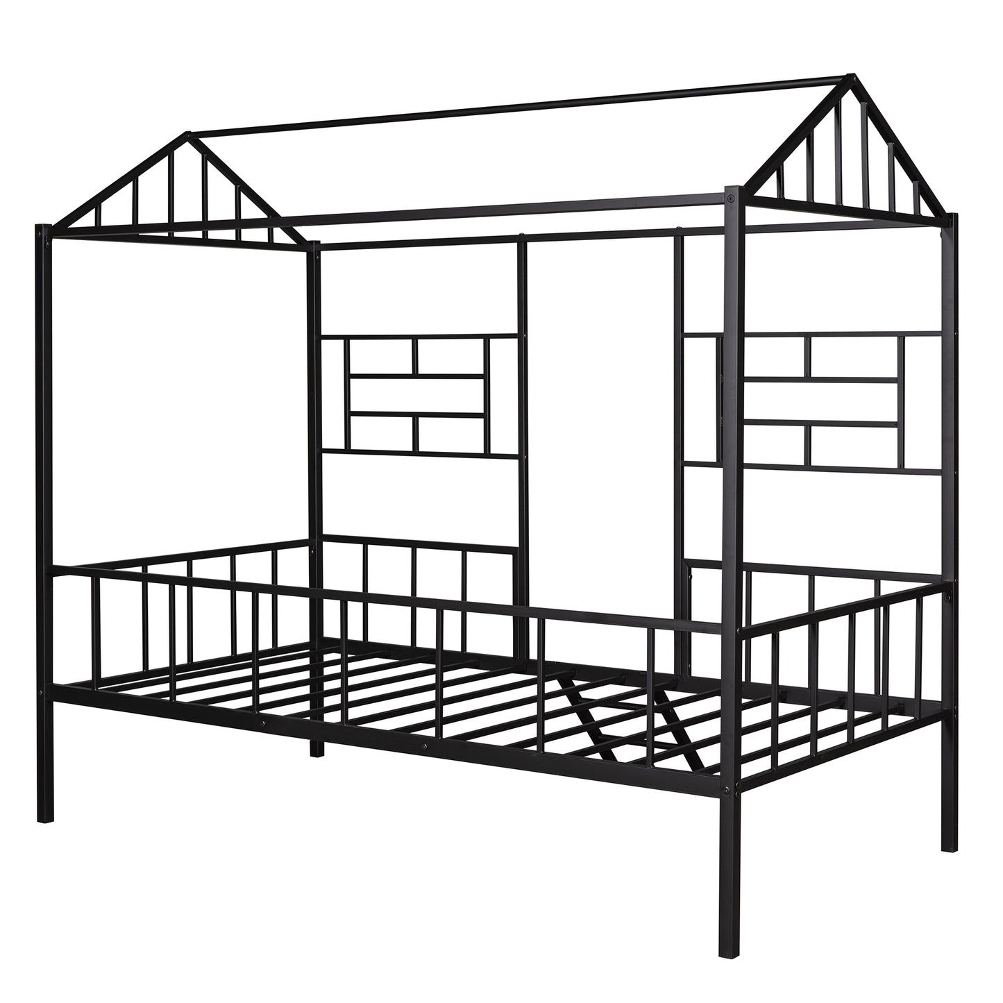 Black metal houseshaped twin bed frame with decorative headboard