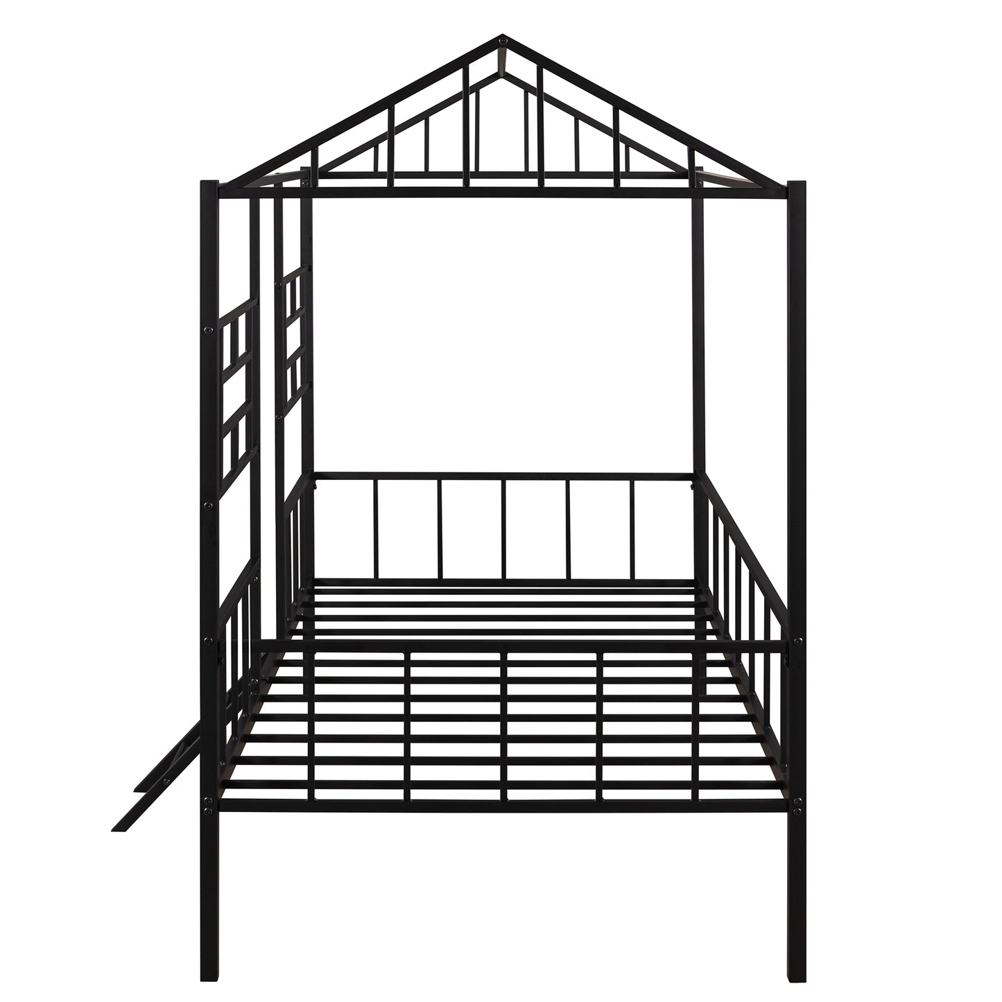 Black metal canopy bed frame with ornate headboard and footboard
