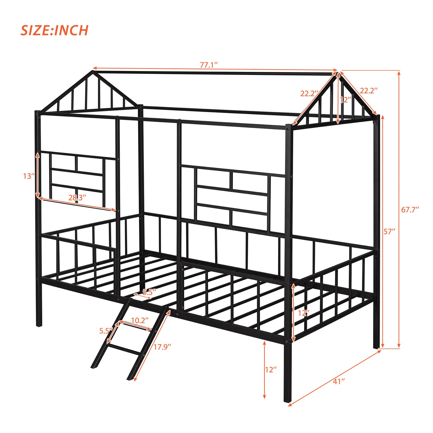 Black metal house frame bunk bed with ladder and dimensions