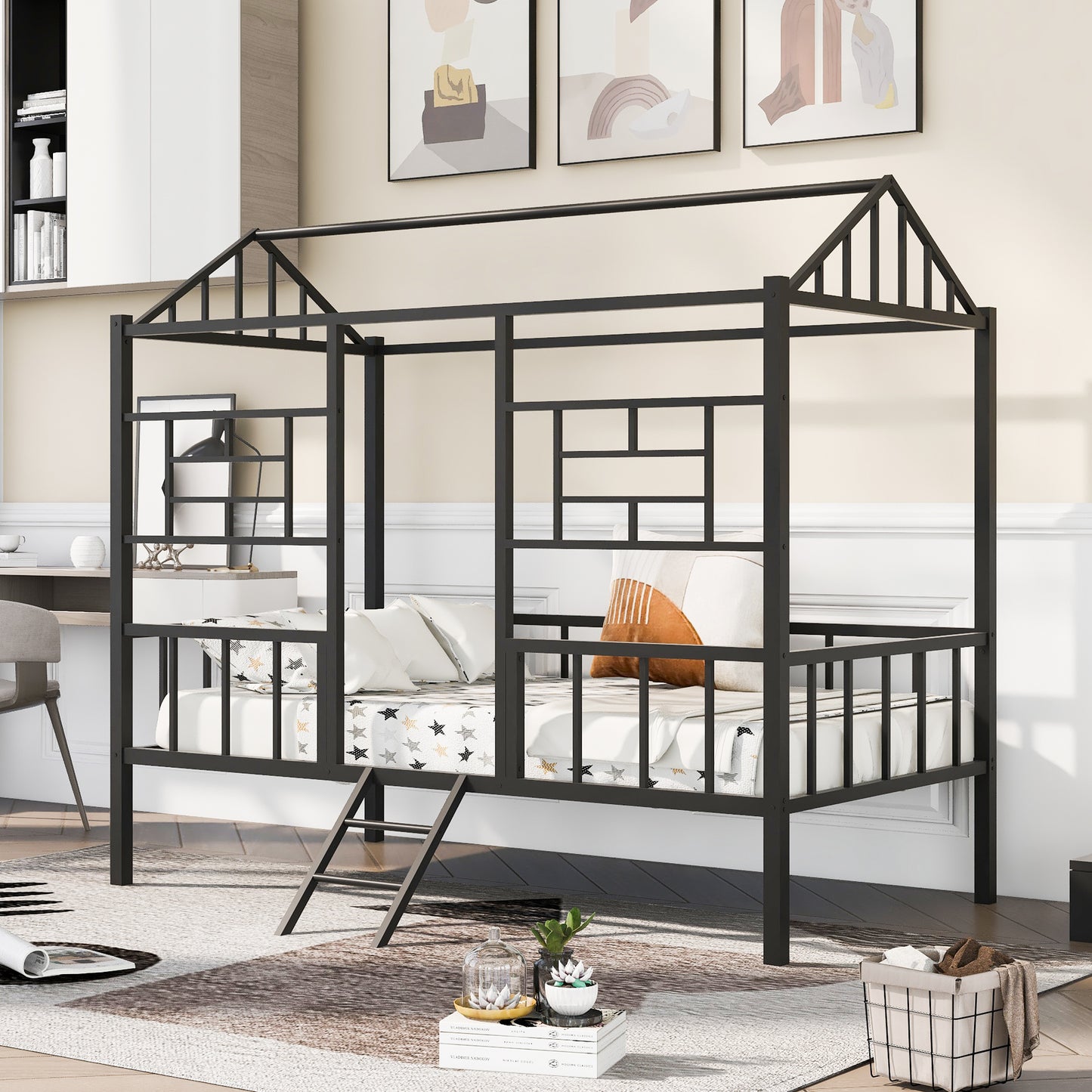 Black metal house frame bed with ladder