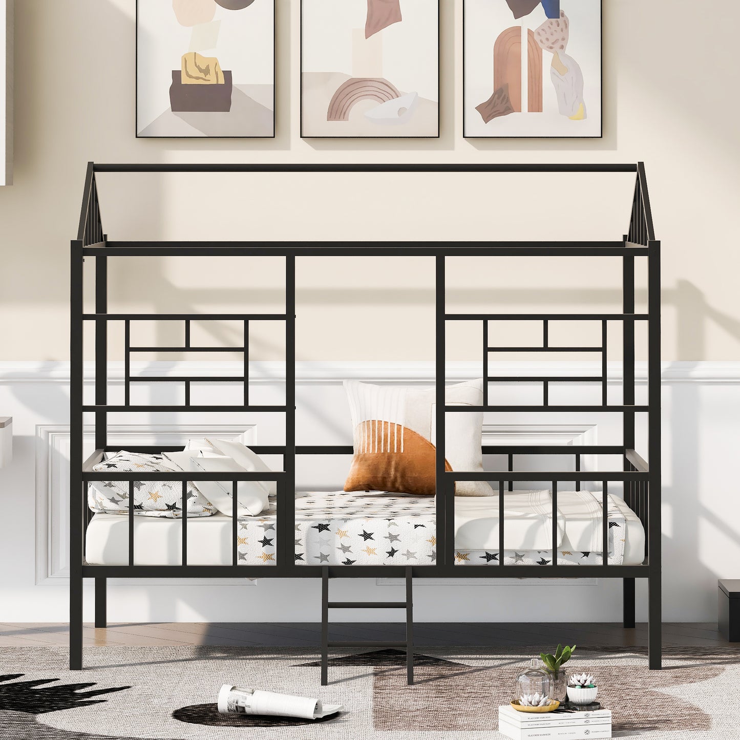 Black metal twin house bed frame with geometric accents and ladder