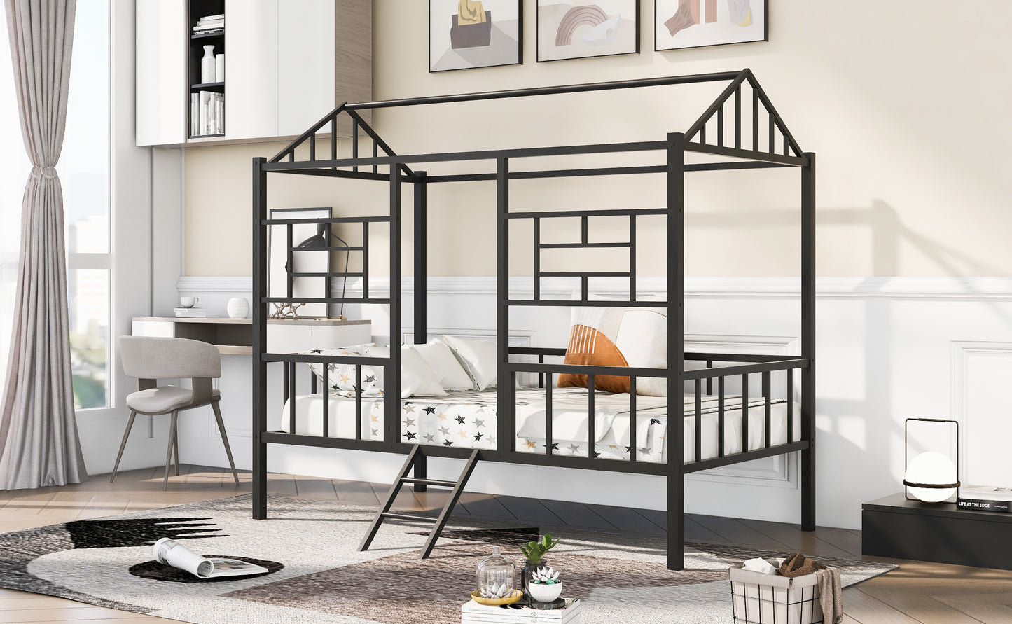 Black metal twin house bed frame with ladder and starry bedding