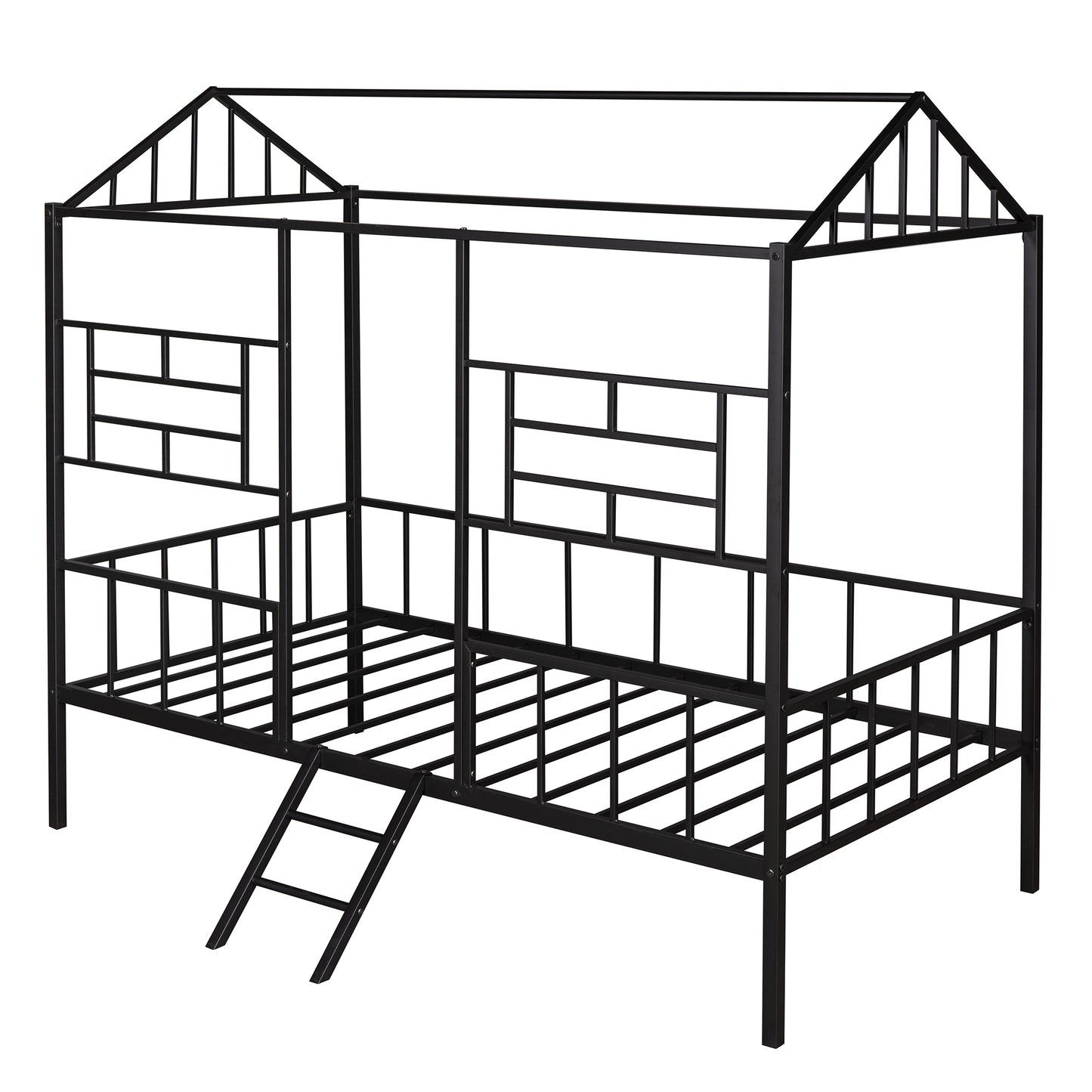 Black metal houseshaped twin bed frame with ladder