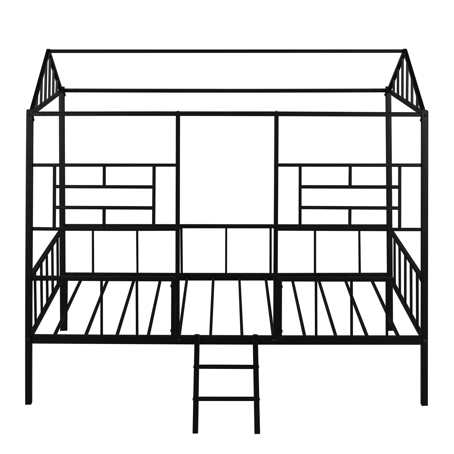 Black metal house frame bed with ladder