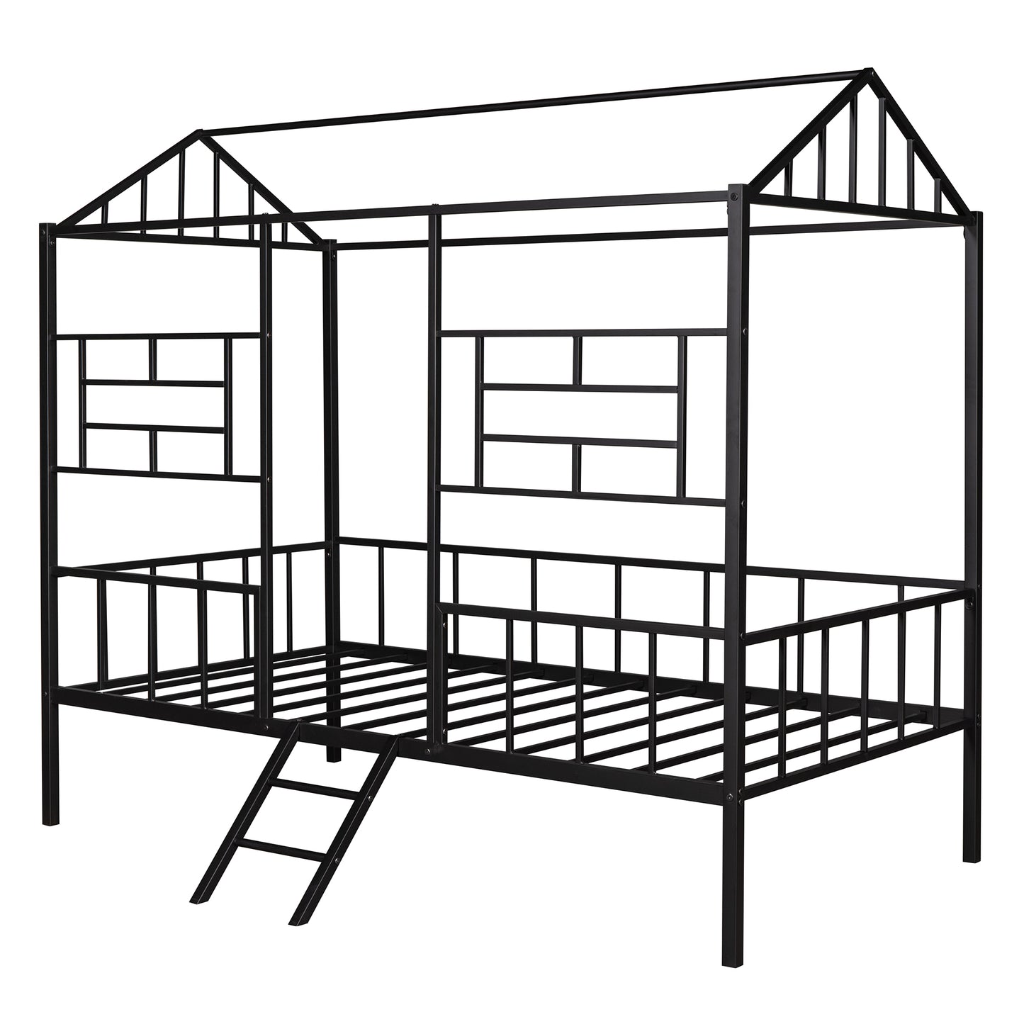 Black metal house bed frame with ladder and protective rails
