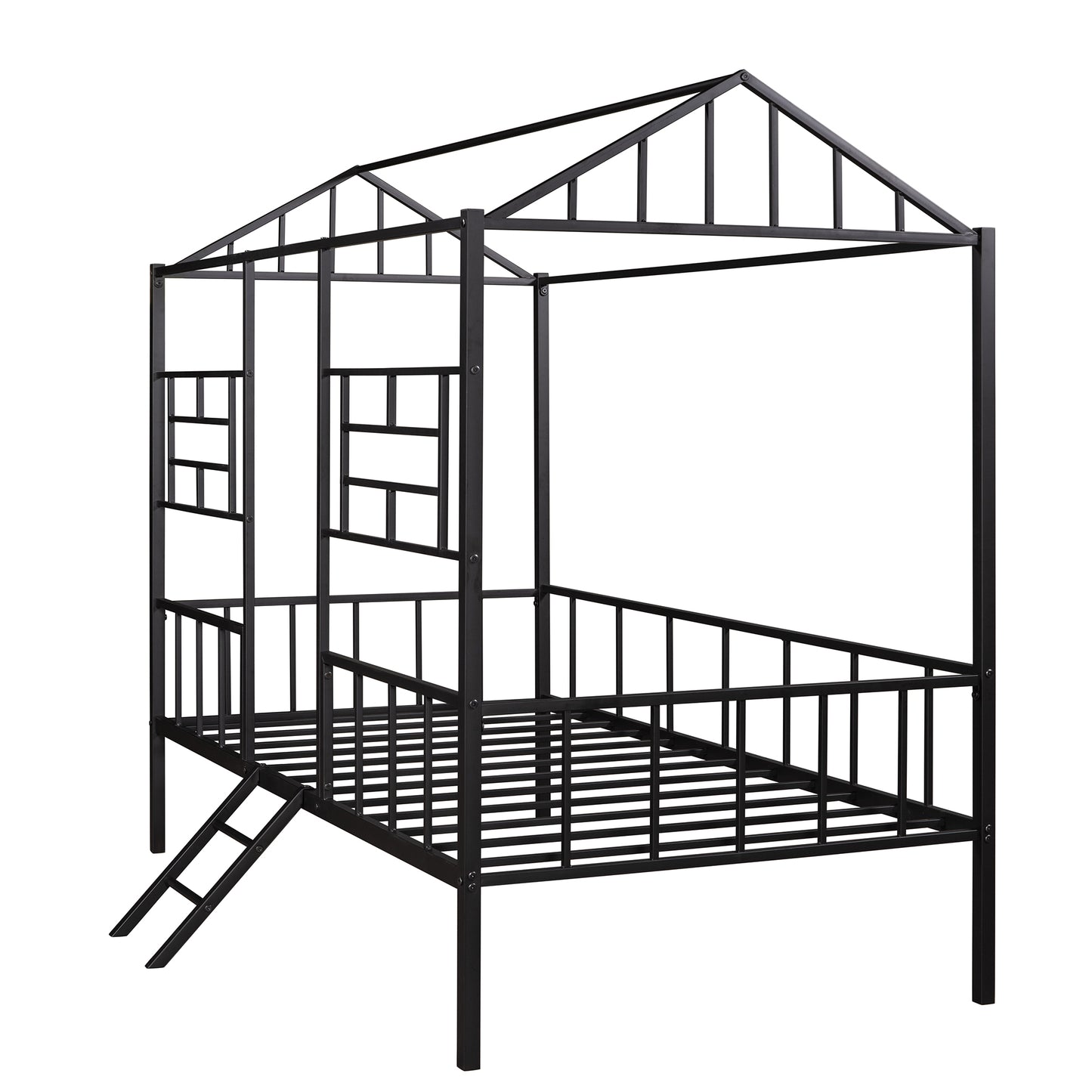 Black metal house bed frame with ladder and window details