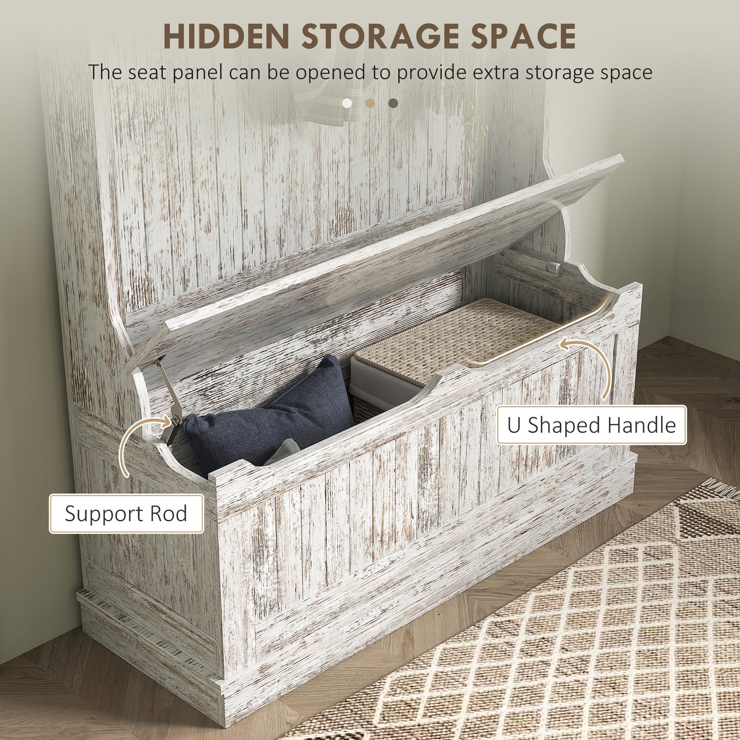 Antique white storage bench with lid open revealing hidden compartment