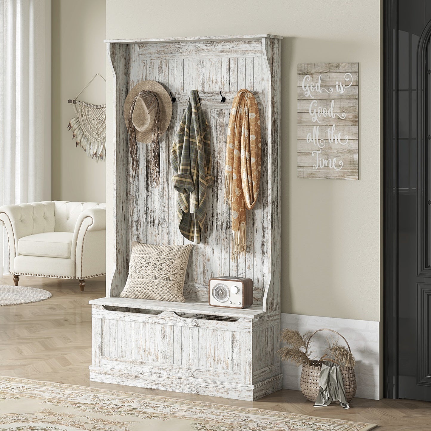 Distressed white hall tree with bench hooks and storage for coats and hats