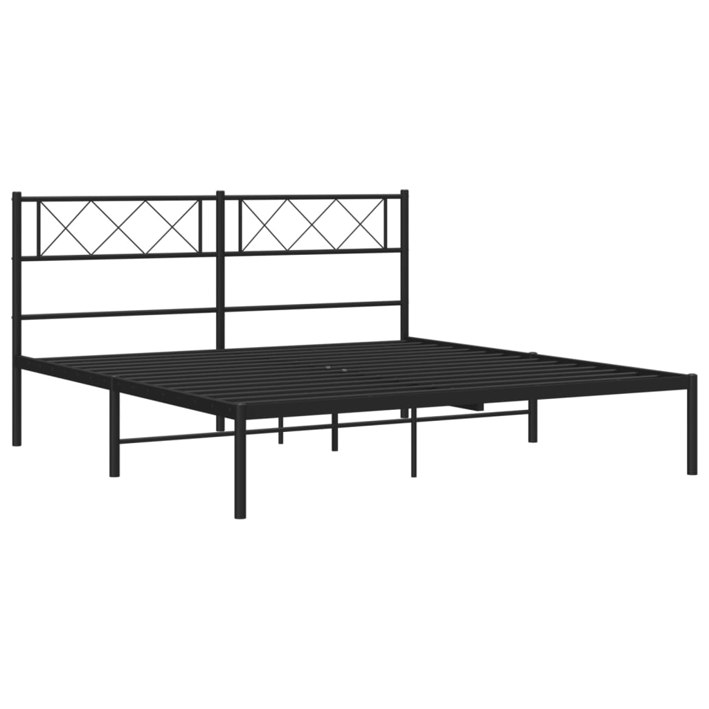 Black metal platform bed frame with a geometric headboard