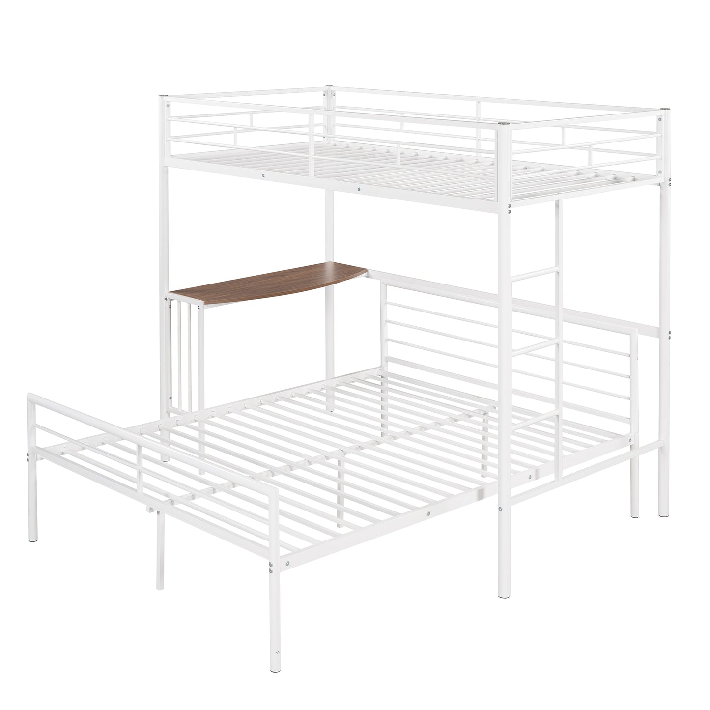 White metal bunk bed with desk and ladder