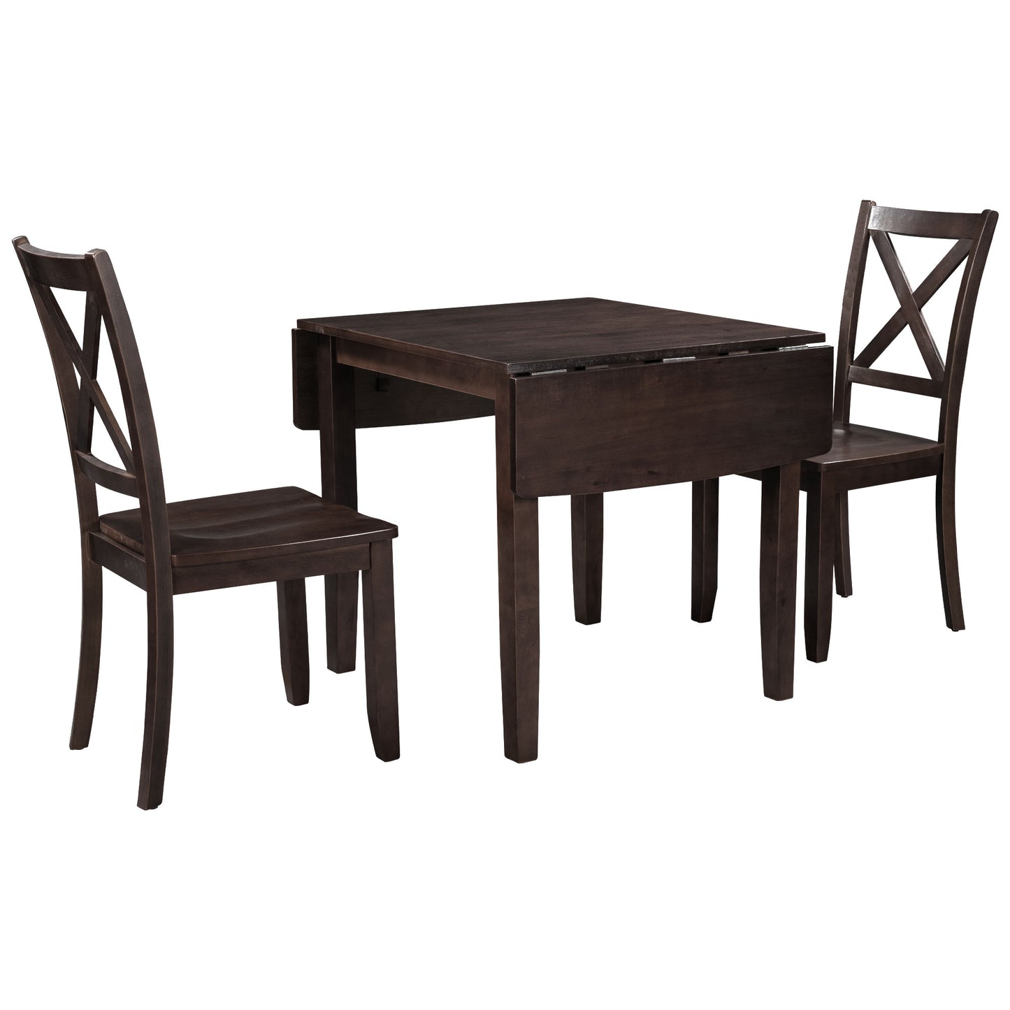 Dark wood dropleaf dining table with two matching Xback chairs