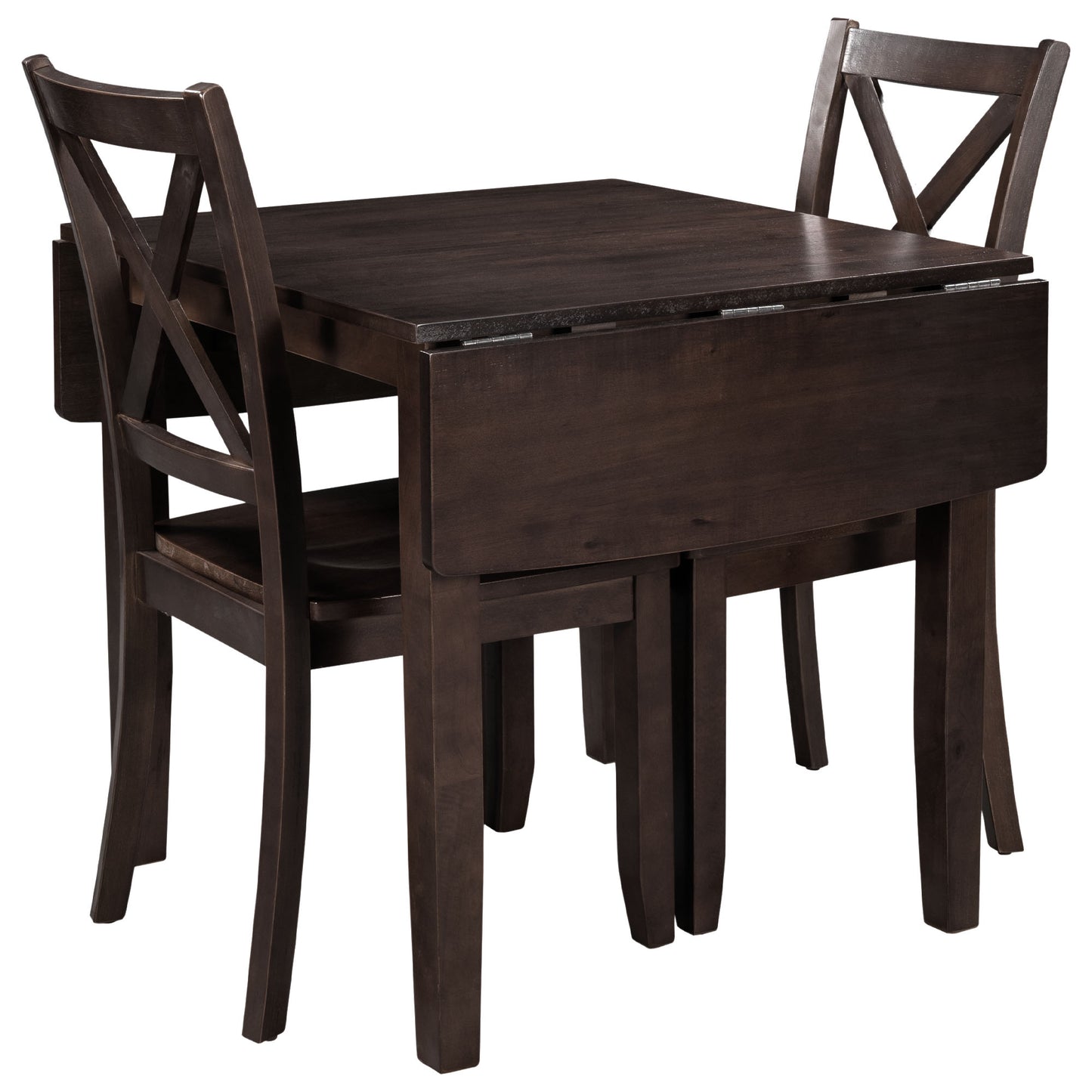 Dark brown wooden dining set with two dropleaf chairs and a table