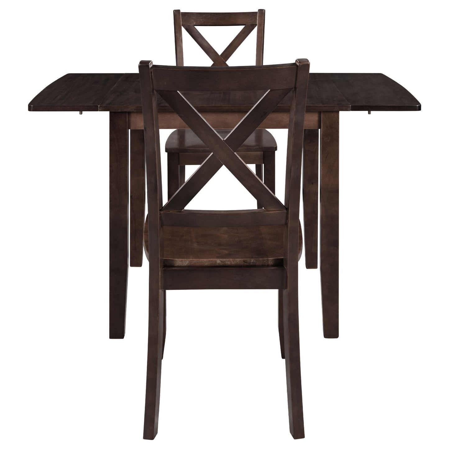 Dark brown wooden dropleaf dining table with two crossback chairs