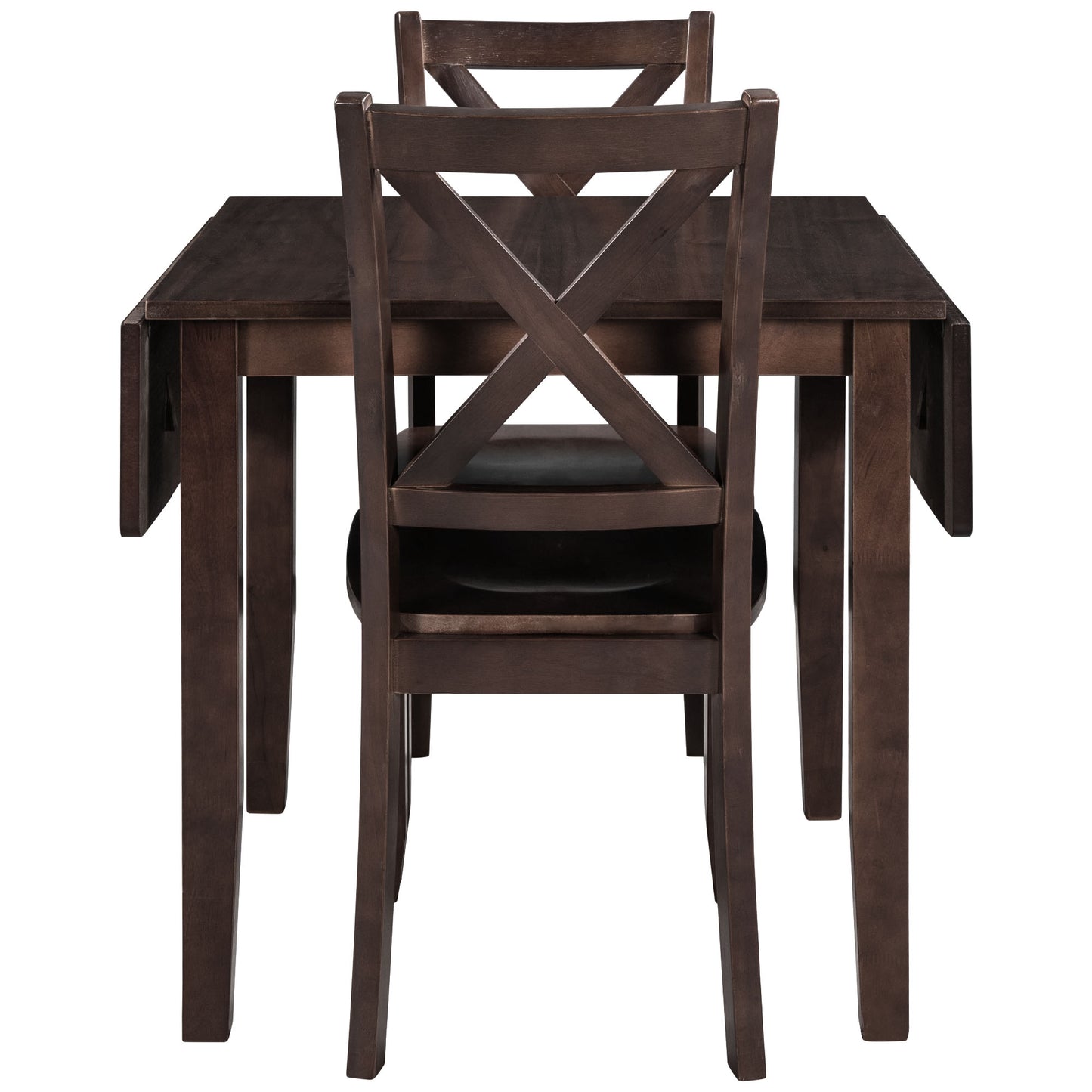 Dark wood drop leaf dining table with two crossback chairs