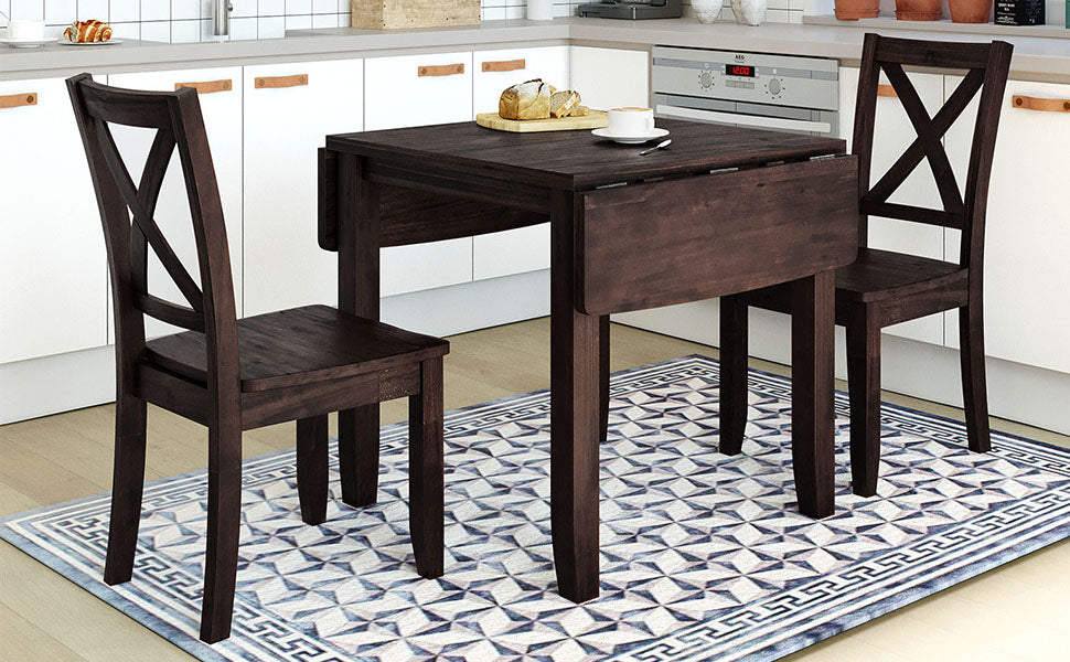 Dark brown wooden dining set with dropleaf table and crossback chairs