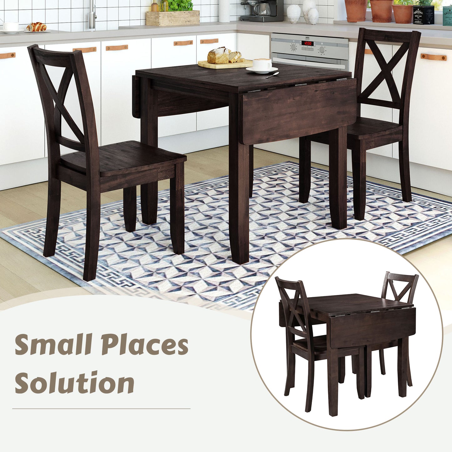 Dark wood drop leaf dining set with two chairs in a modern kitchen