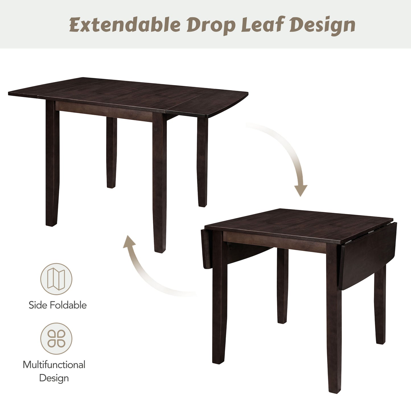 Dark brown extendable dining table with drop leaf