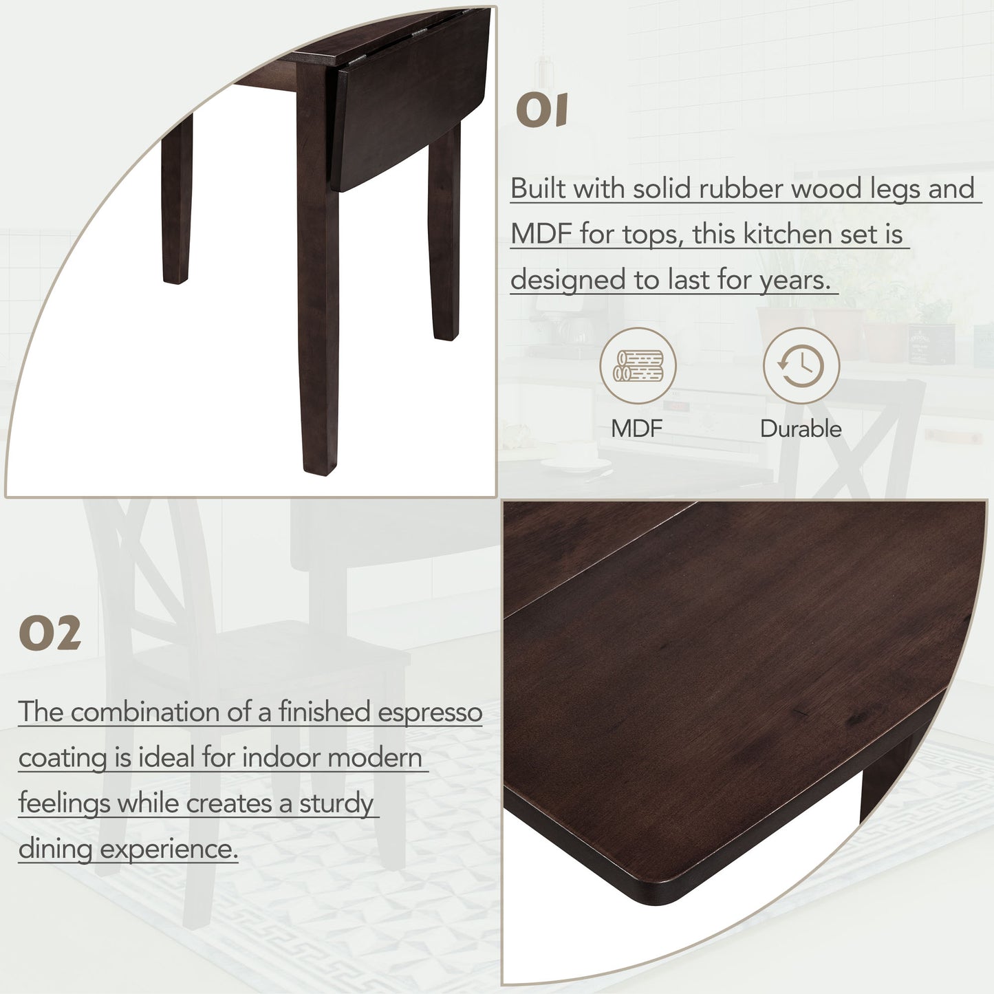 Espresso drop leaf kitchen table with tapered legs