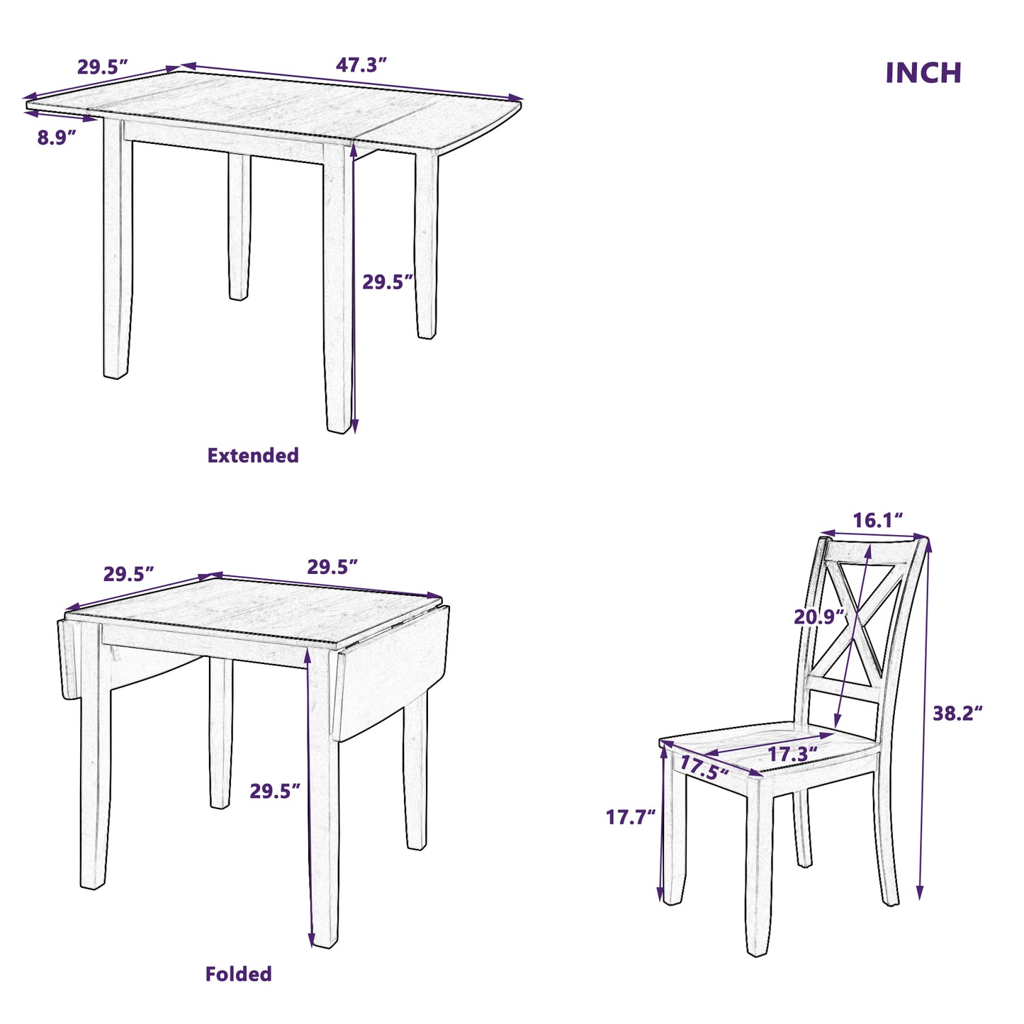 Diagram showing extended dining table dimensions