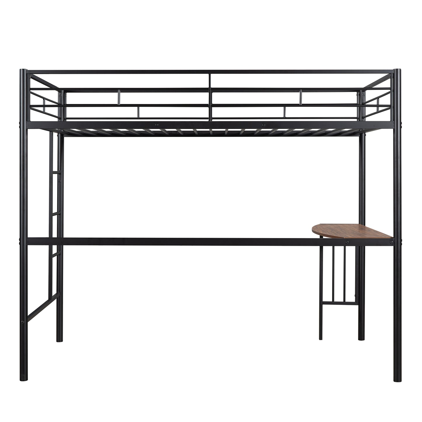 Black metal loft bed with integrated desk and wooden desktop