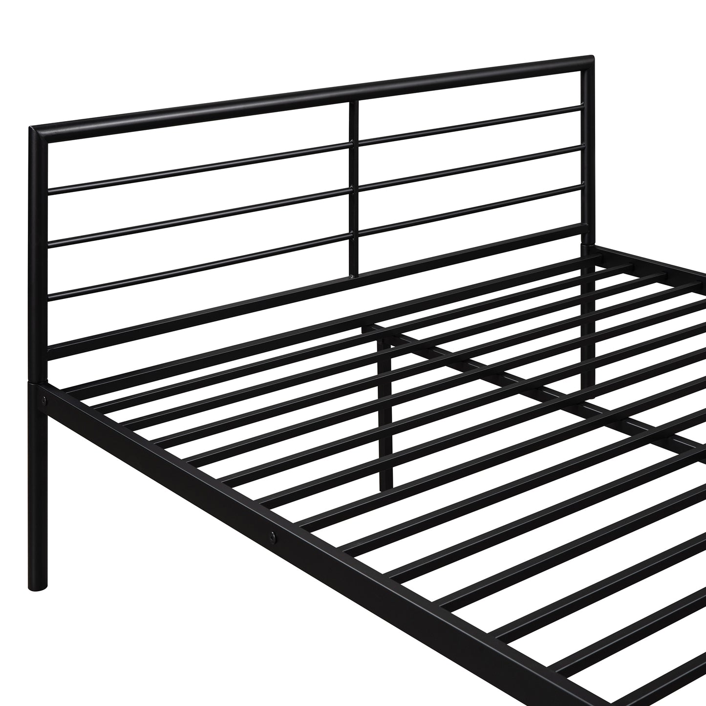 Black metal bed frame with a minimalist horizontal slat headboard and sturdy support