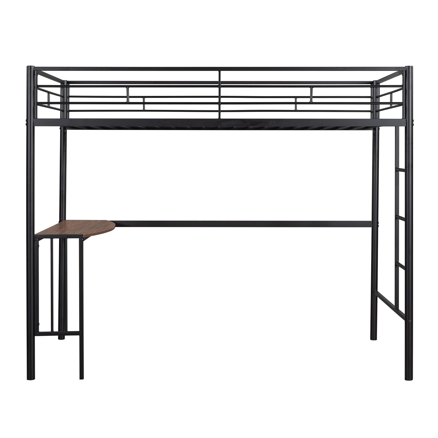 Black metal loft bed with integrated desk and ladder