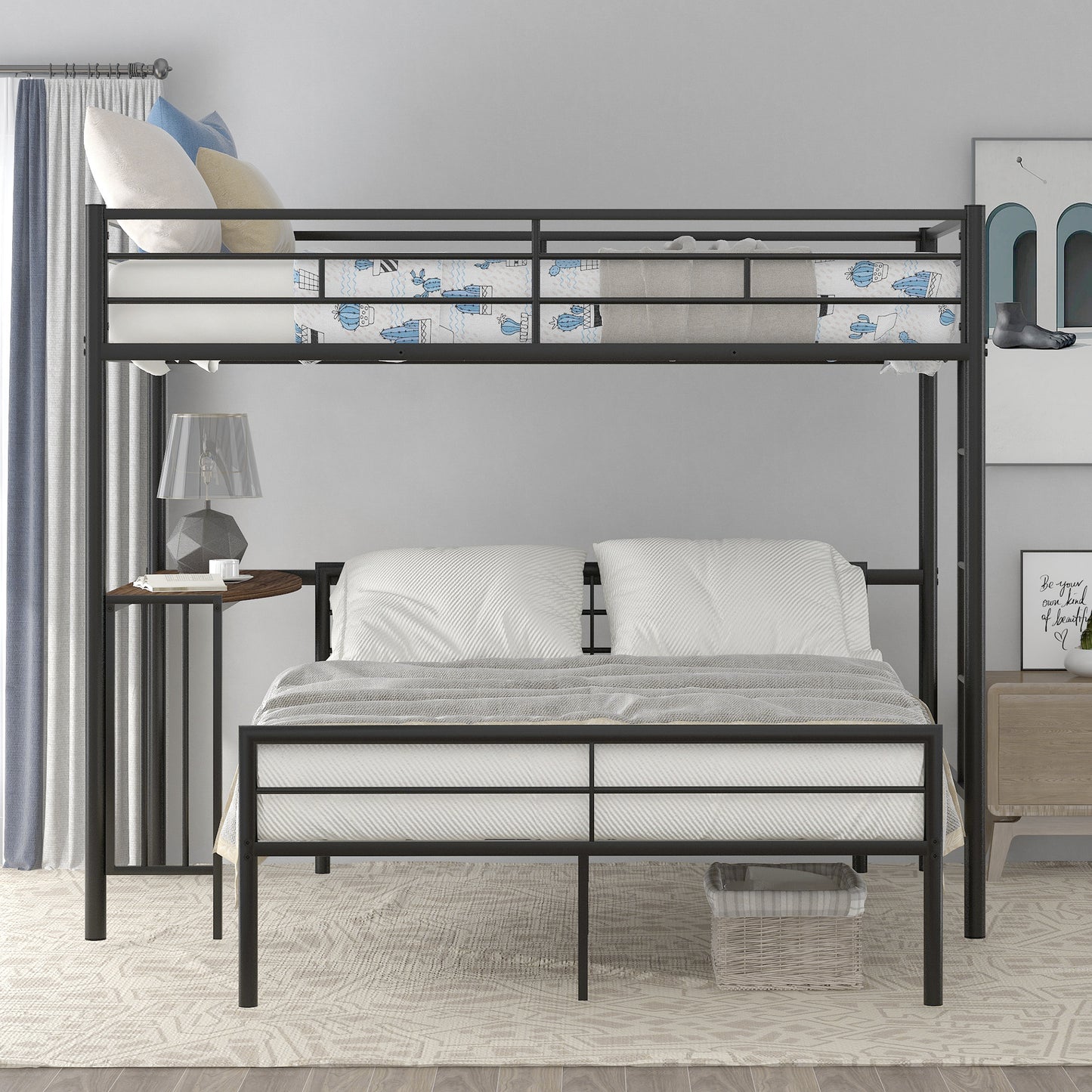 Black metal loft bed with desk attachment featuring a twinsize mattress below and storage shelf above