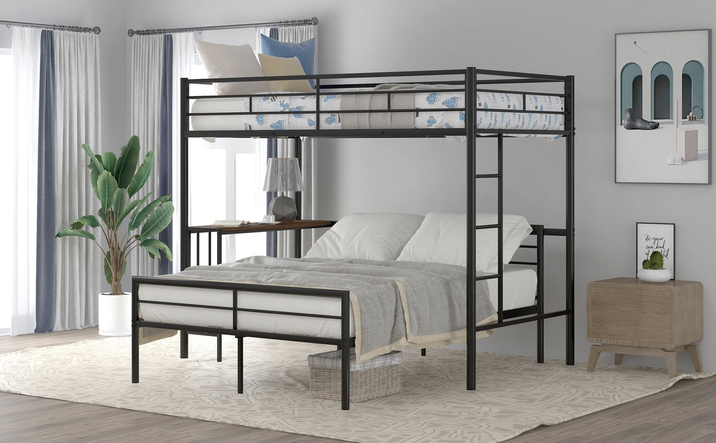 Black metal bunk bed with desk and white bedding