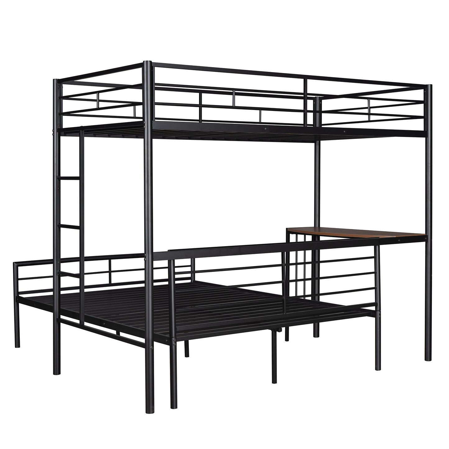 Black metal triple bunk bed with integrated desk and ladder