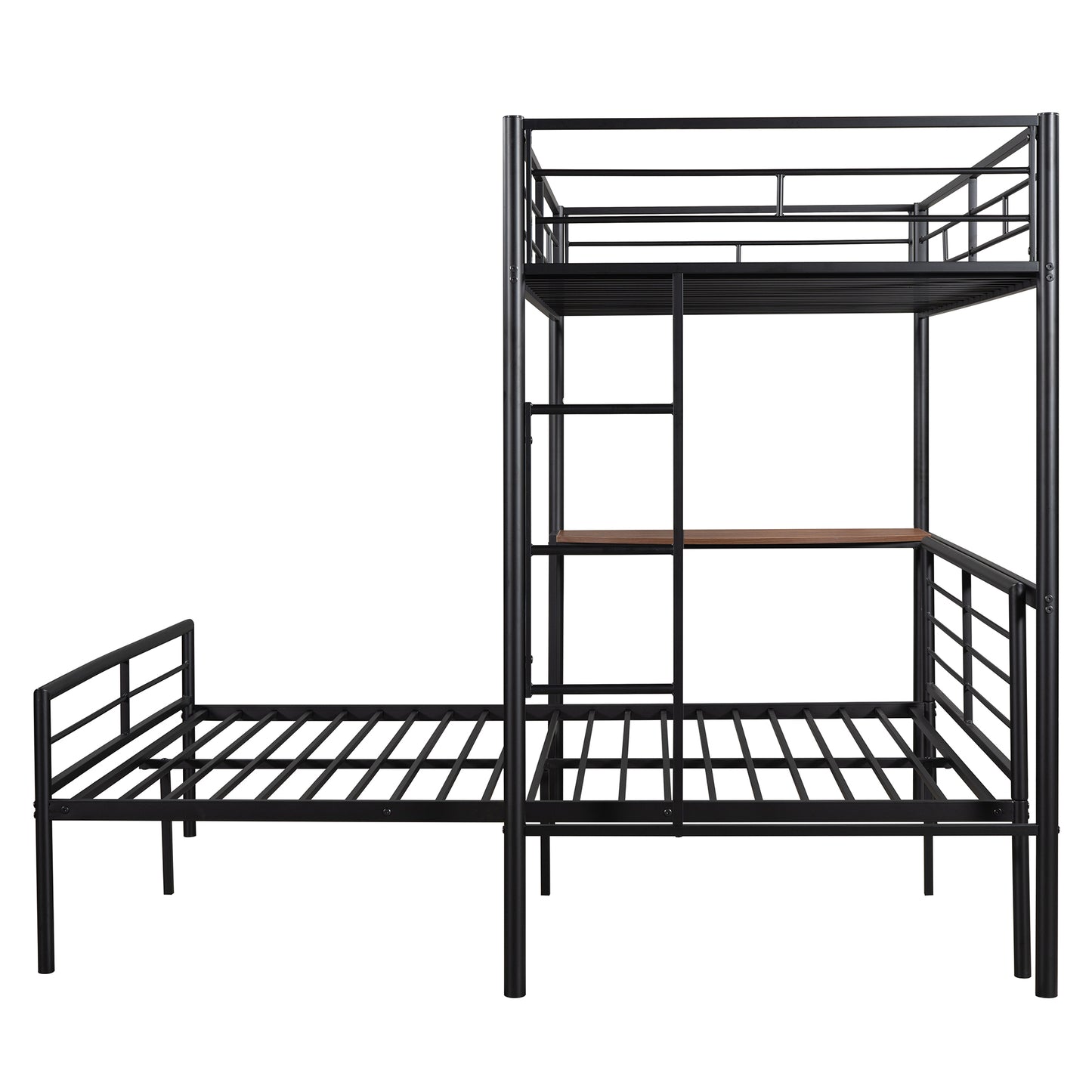 Black metal bunk bed with desk and attached twin bed
