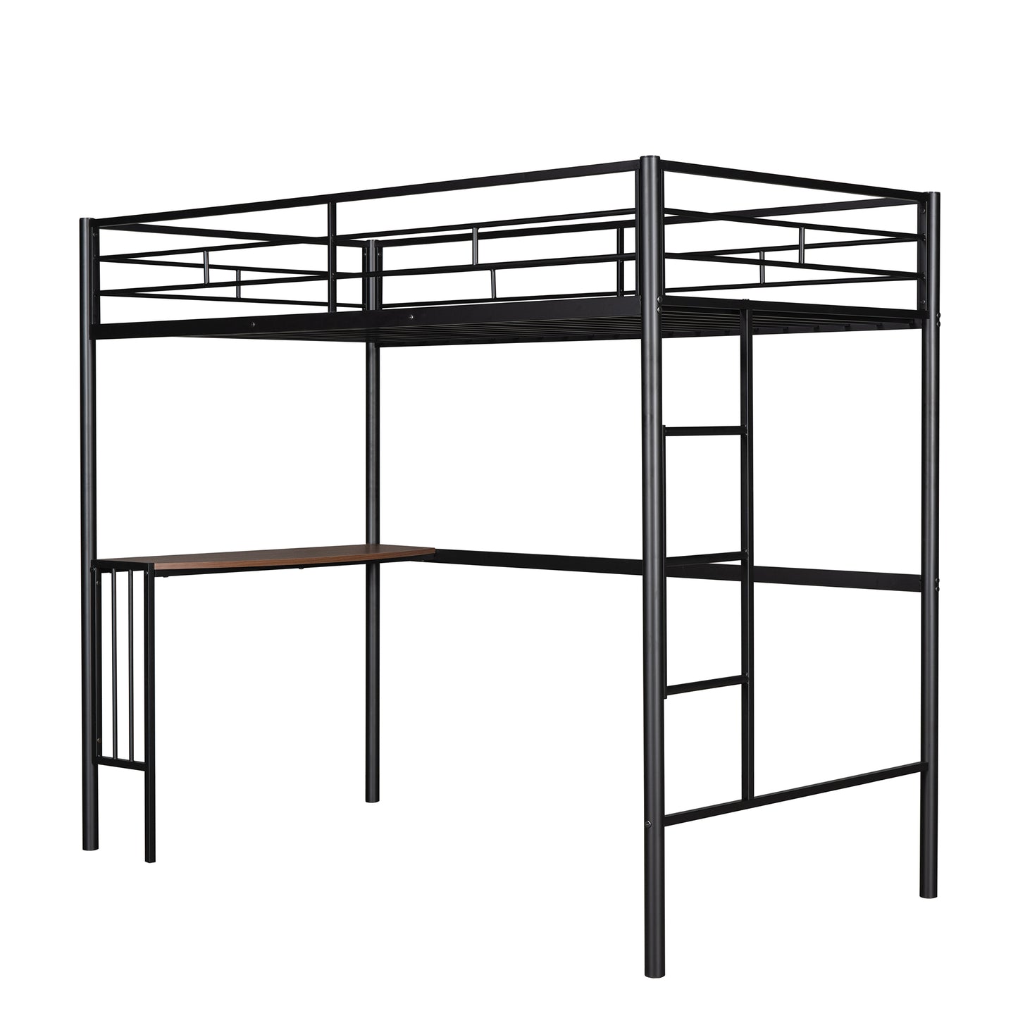 Black metal loft bed with integrated desk and ladder perfect for small spaces