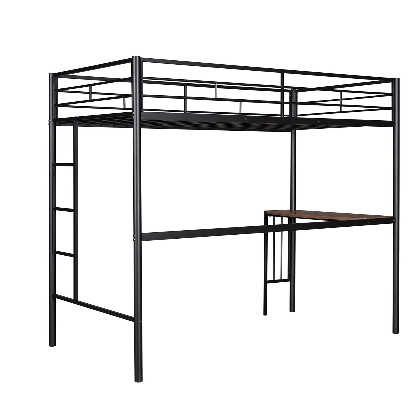 Black metal twin loft bed with integrated desk