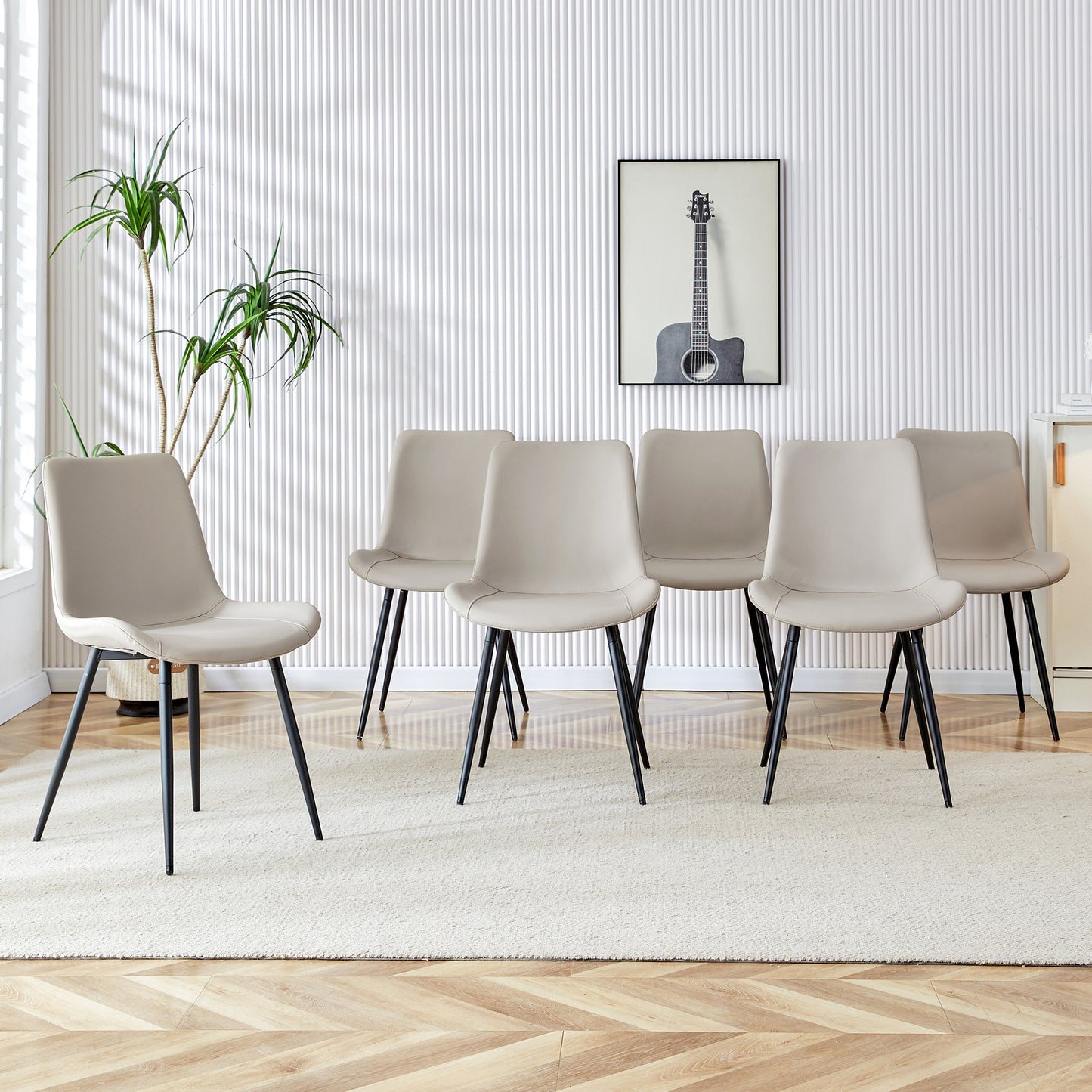 Set of six taupe dining chairs with black metal legs
