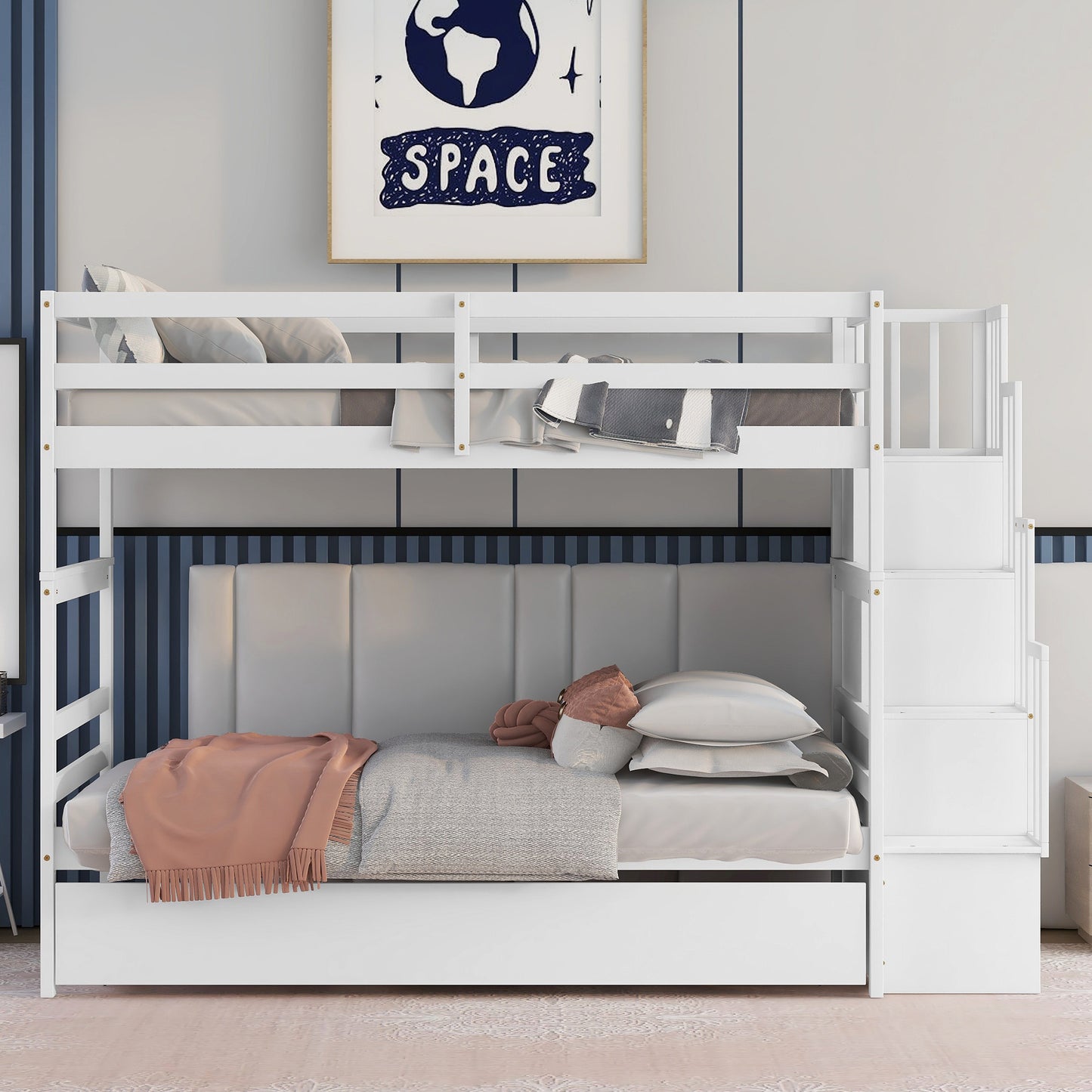 White wooden triple bunk bed with integrated storage stairs