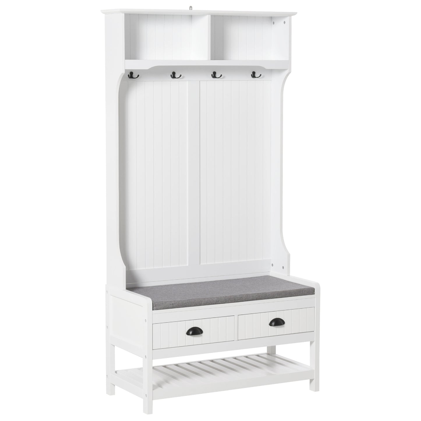 White entryway hall tree with storage bench and coat hooks
