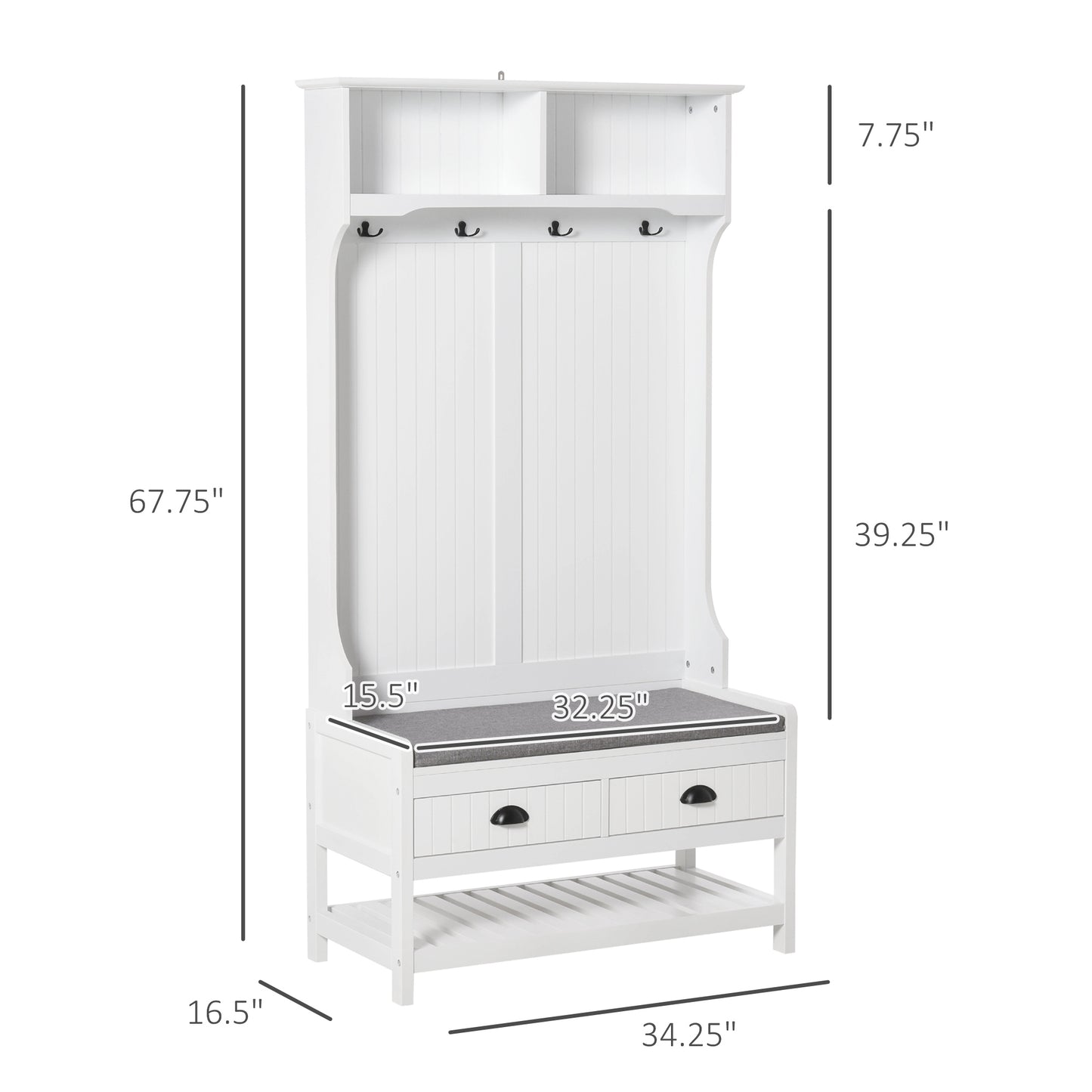 White entryway hall tree with two drawers and top shelf