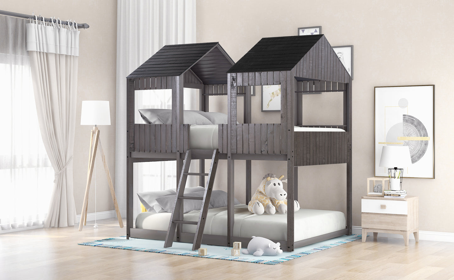 Dark gray wooden houseshaped twin bunk bed with ladder