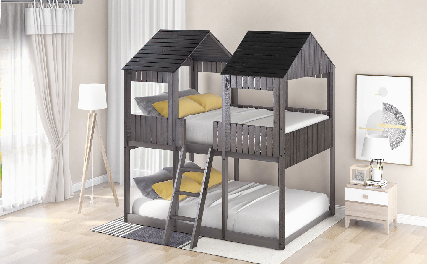 Gray wooden twin over twin bunk bed with houseshaped roof