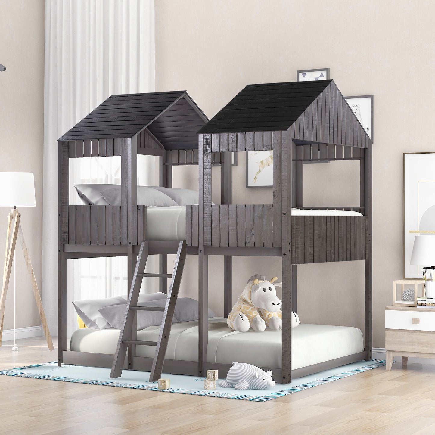 Grey wooden twin over twin bunk bed with houseshaped design and ladder