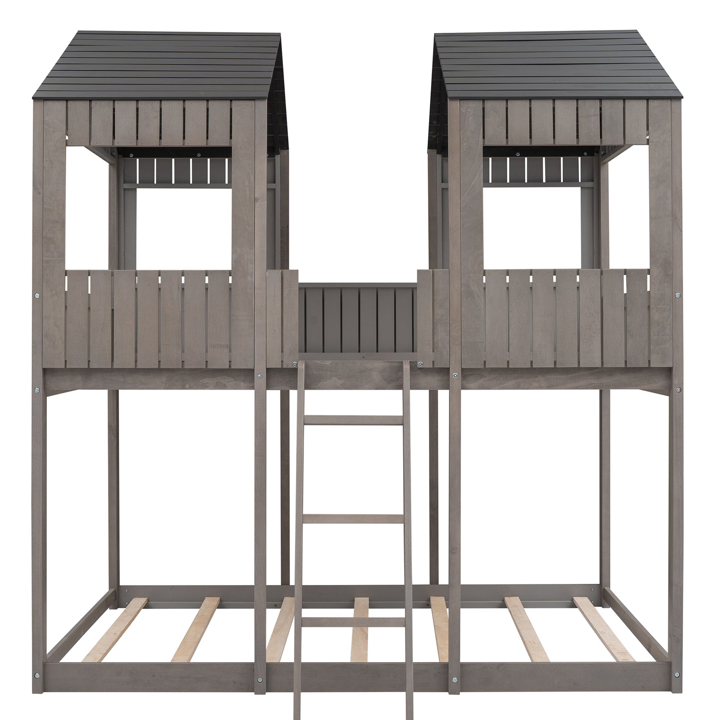 Gray wooden twin over twin bunk bed with two separate houses and a ladder