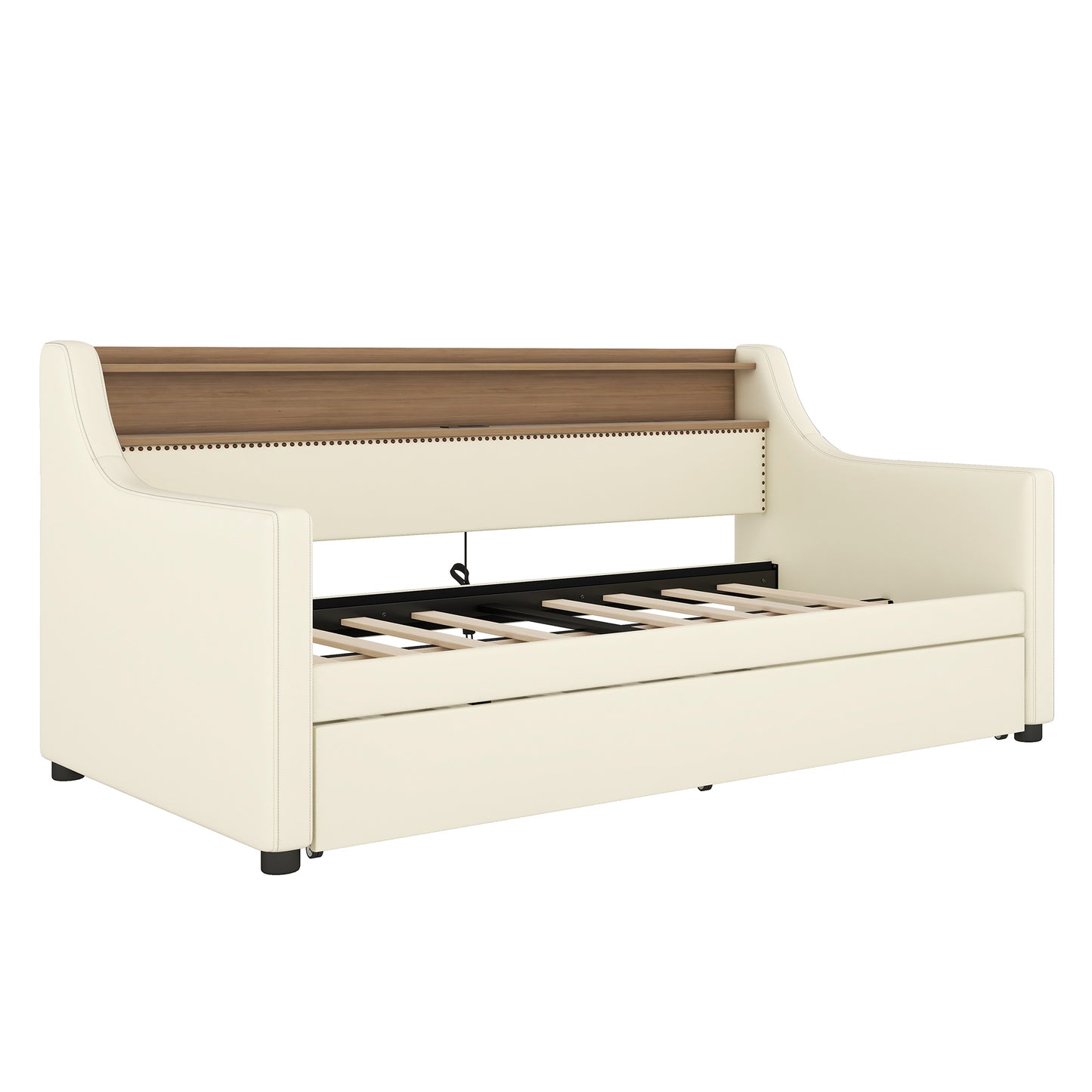Cream faux leather daybed with wood headboard