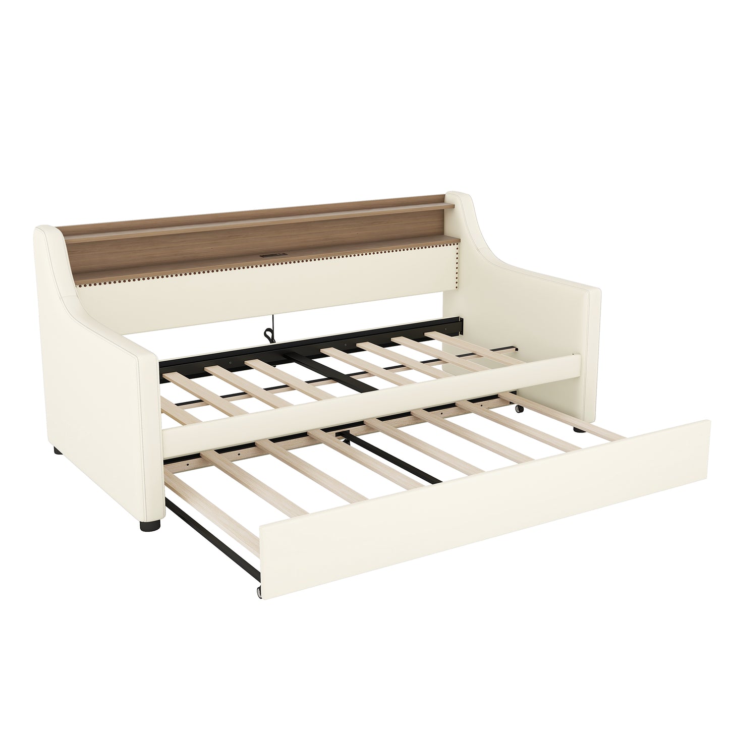 Cream leather upholstered daybed with pullout trundle wood accents