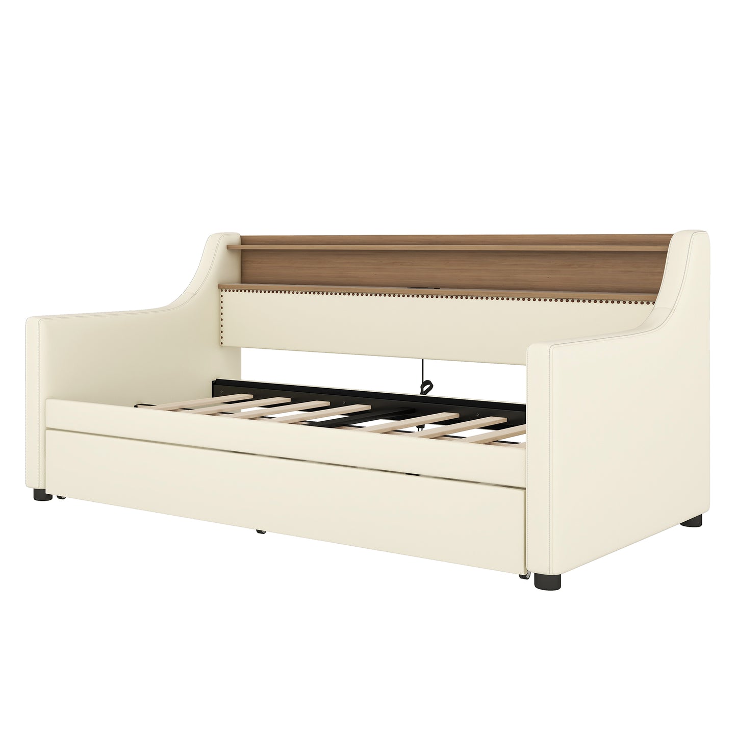 Cream upholstered daybed with wooden shelf and exposed slat frame