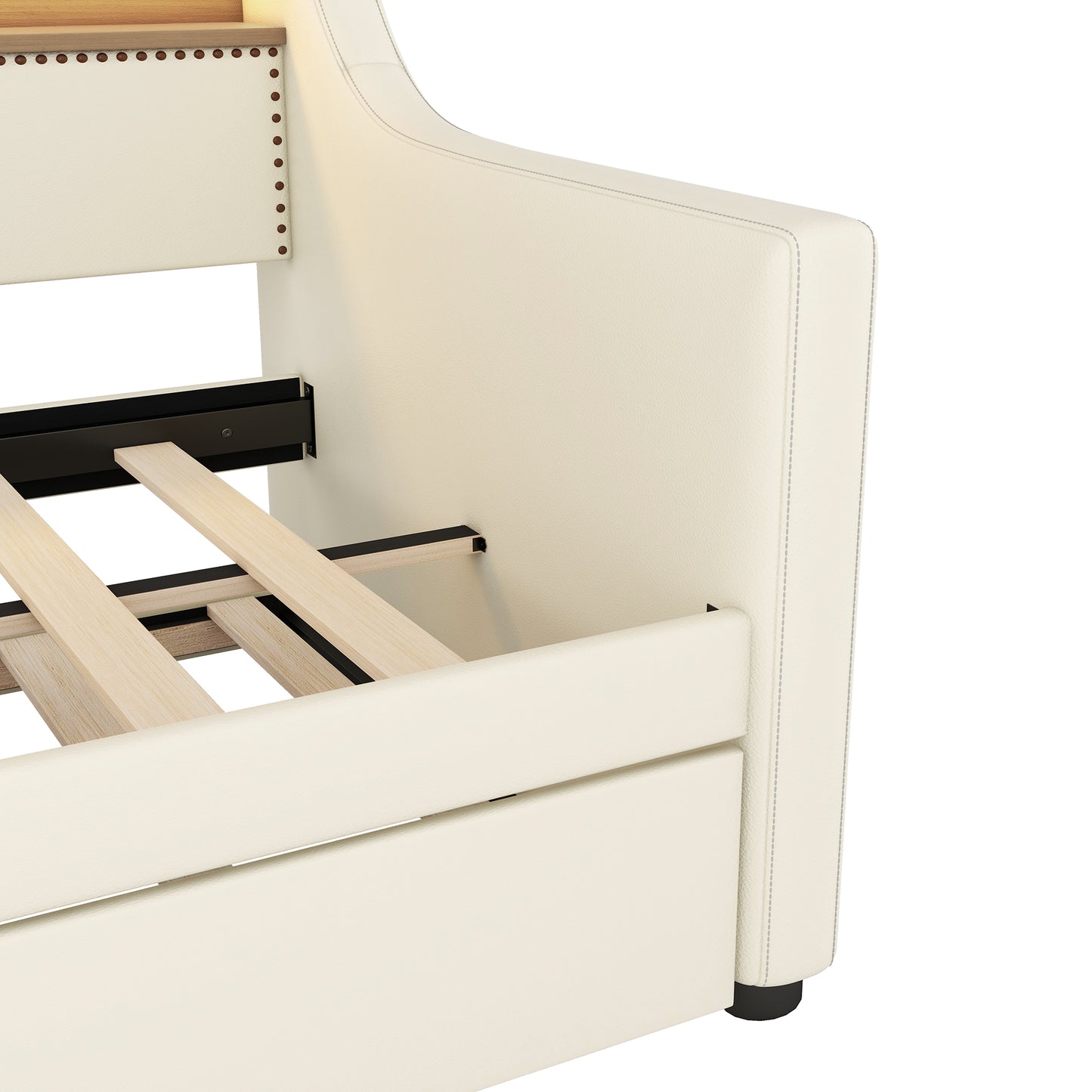 Cream upholstered daybed with wooden slats and nailhead trim