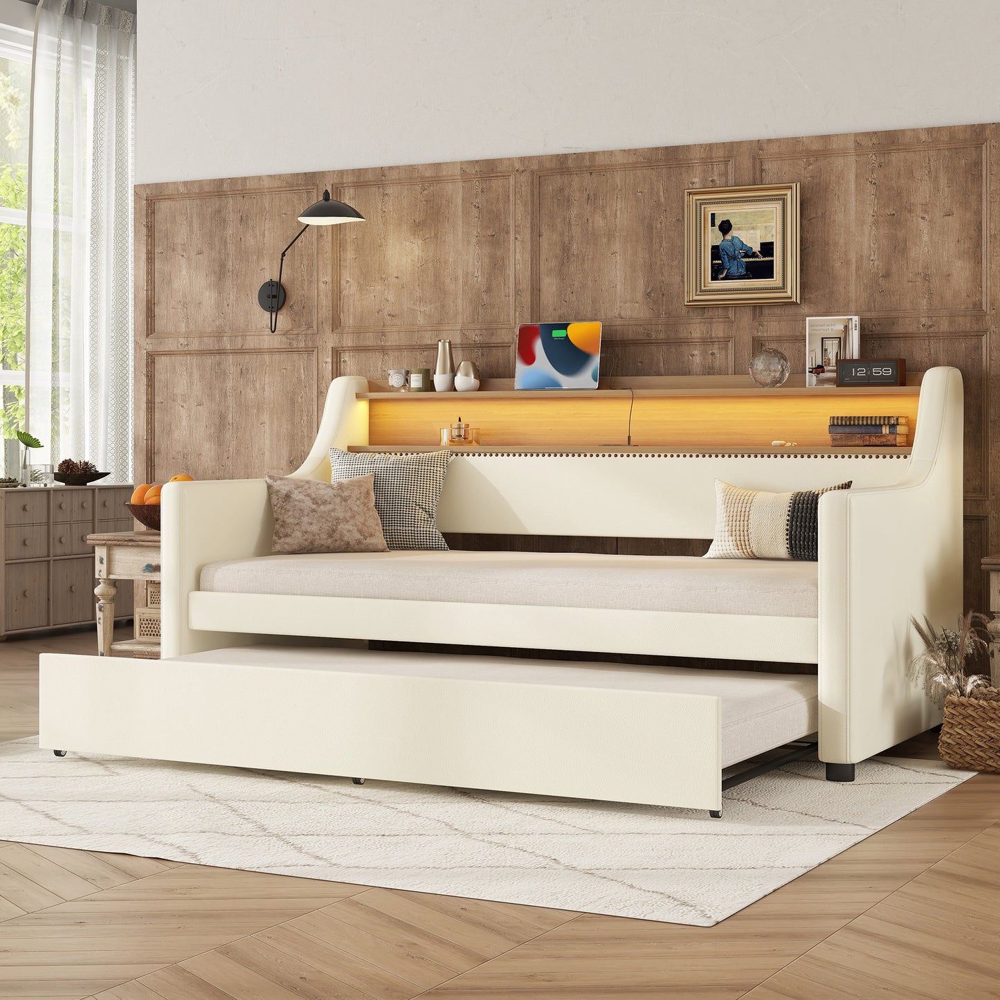 Cream upholstered daybed with trundle pulled out
